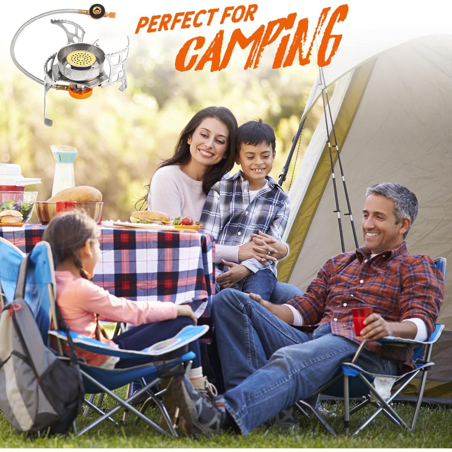 Camping Stove with Fuel Canister Adapter Portable Collapsible Gas Stove with Piezo Ignition-3900W-Lightweight-Windproof-Butane Adapter Camping and Backpacking Mini Stove Kit for Hiking