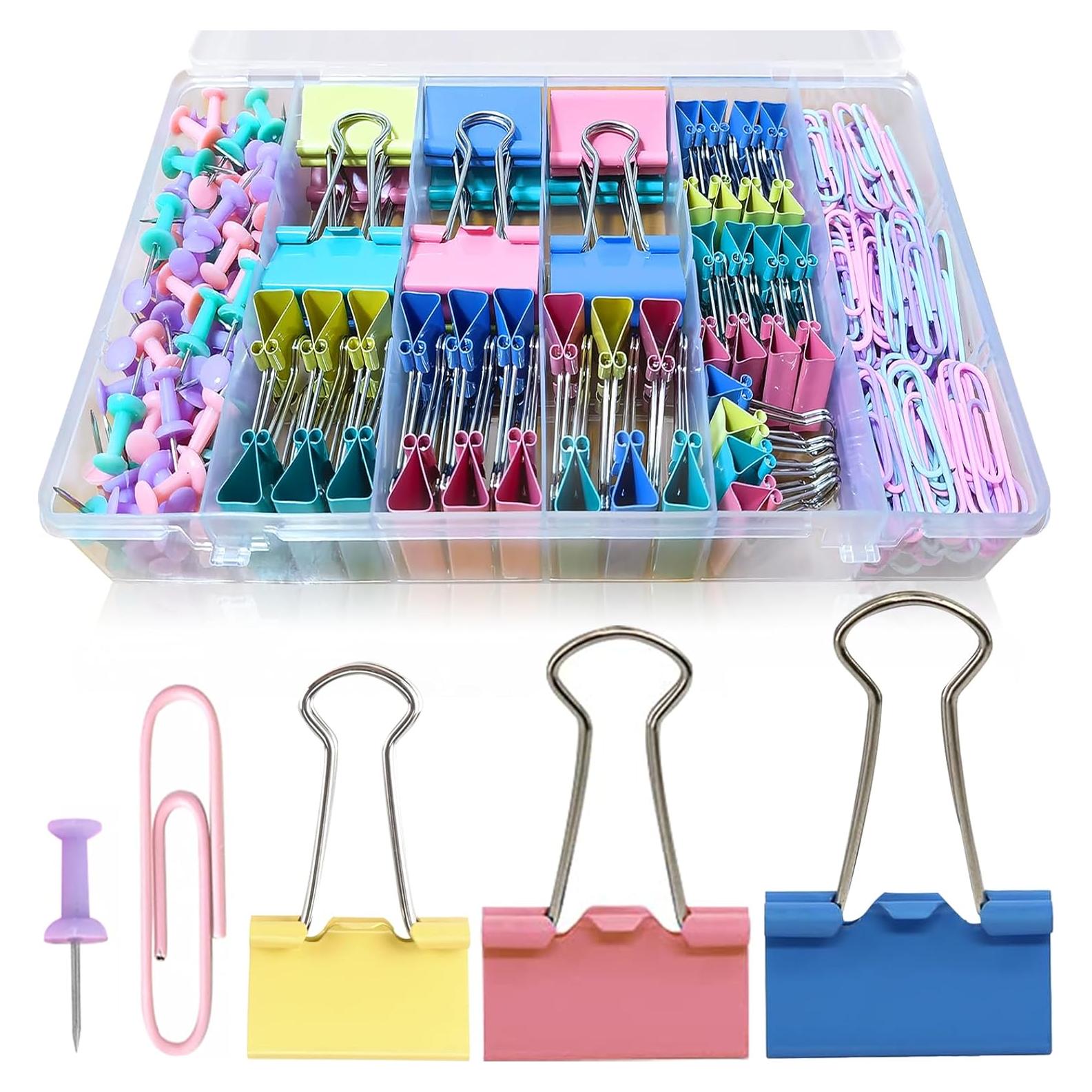 Paper Clips and Binder Clips Assorted Sizes, 240 PCS Colored Office Clips Set Large Medium Small Paper Clamps Paperclips Push Pin Thumb Tacks, College Supplies Home Office Supplies Document Organizing