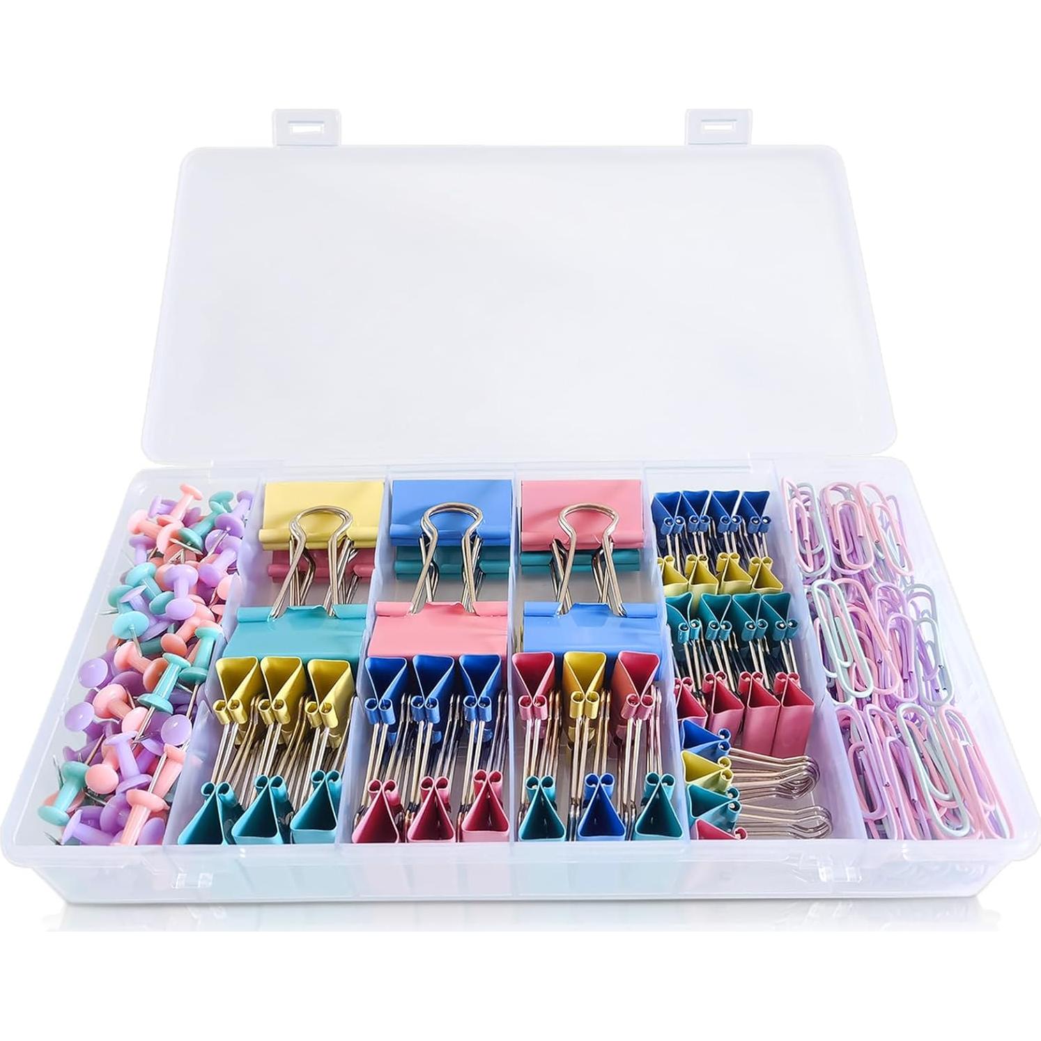 Paper Clips and Binder Clips Assorted Sizes, 240 PCS Colored Office Clips Set Large Medium Small Paper Clamps Paperclips Push Pin Thumb Tacks, College Supplies Home Office Supplies Document Organizing