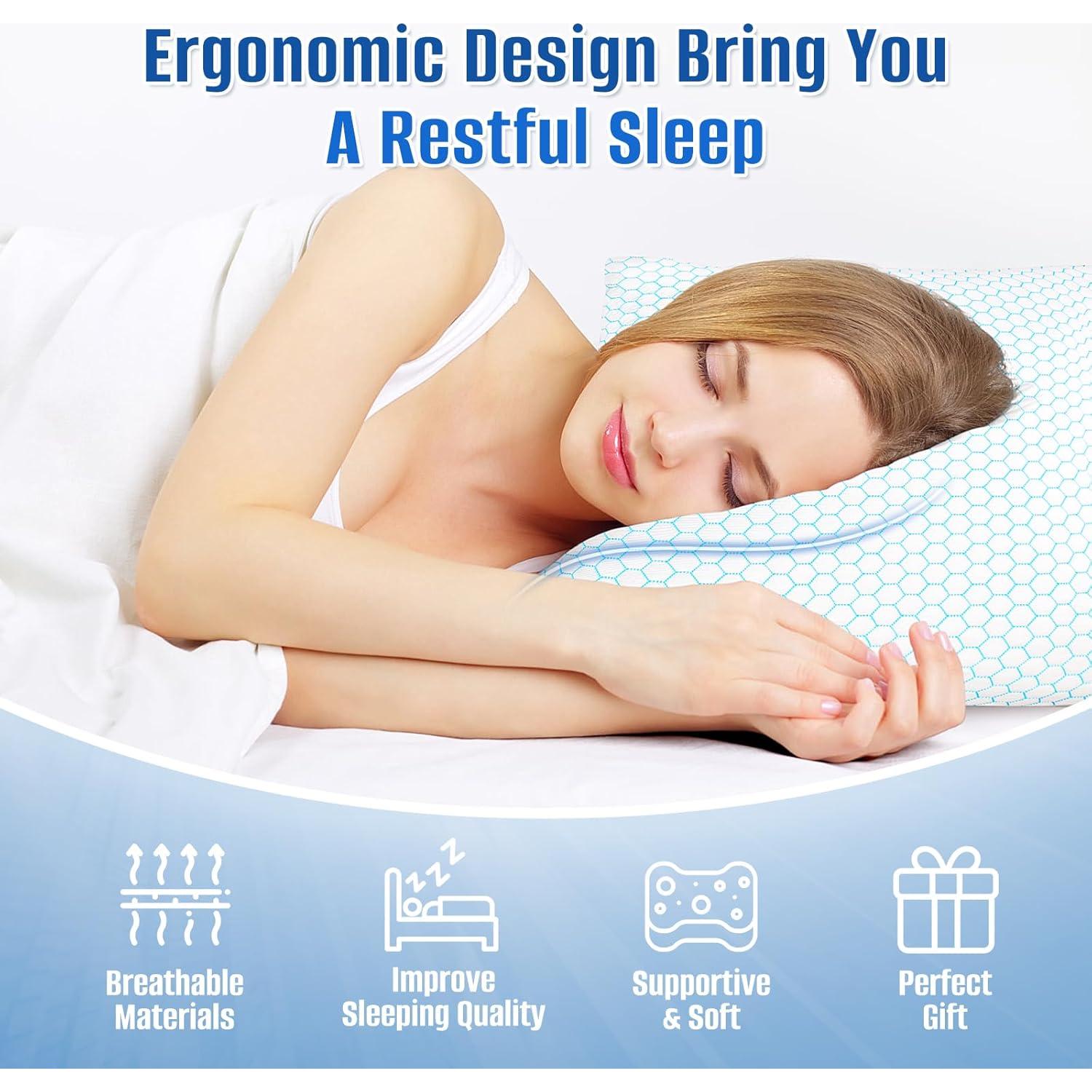 Shredded Memory Foam Pillow for Sleeping, Cooling Bed Pillows Set of 2, Adjustable Pillows for Side, Back, Stomach Sleepers with Washable Pillowcase (Standard Size, Blue)