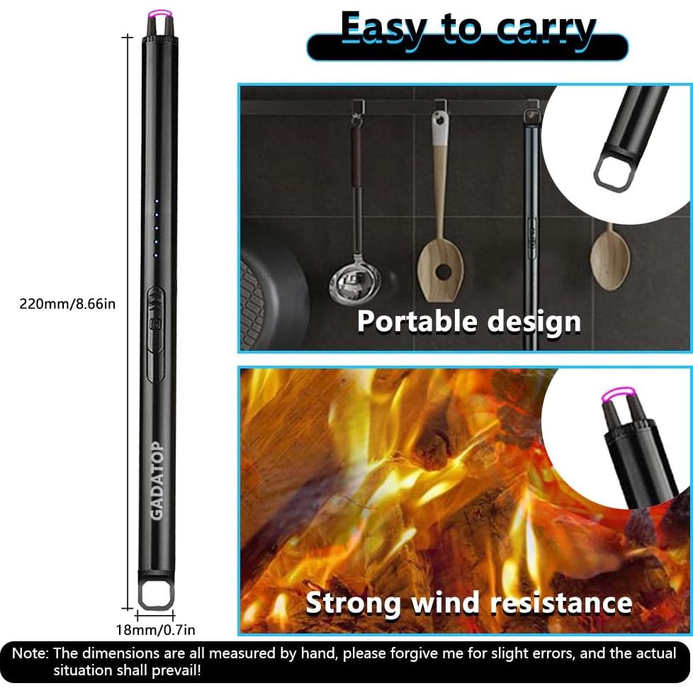 GADATOP Electric Rechargeable Lighter Plasma Arc Lighter Flameless Windproof Lighters for Candle Grill Lighters with Upgraded LED Battery for Camping, Adventure (Black)