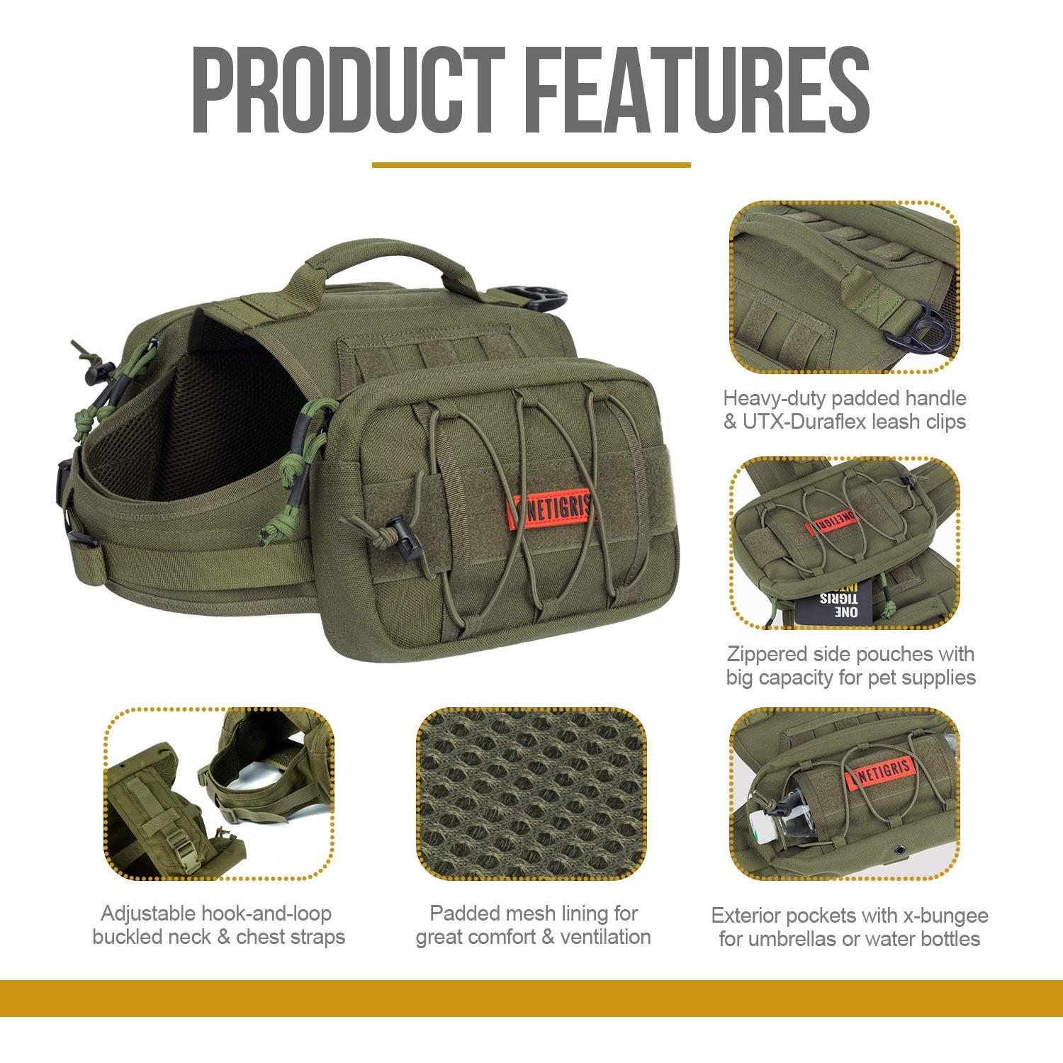 Mochila Táctica para Perros OneTigris Verde Grande 3L