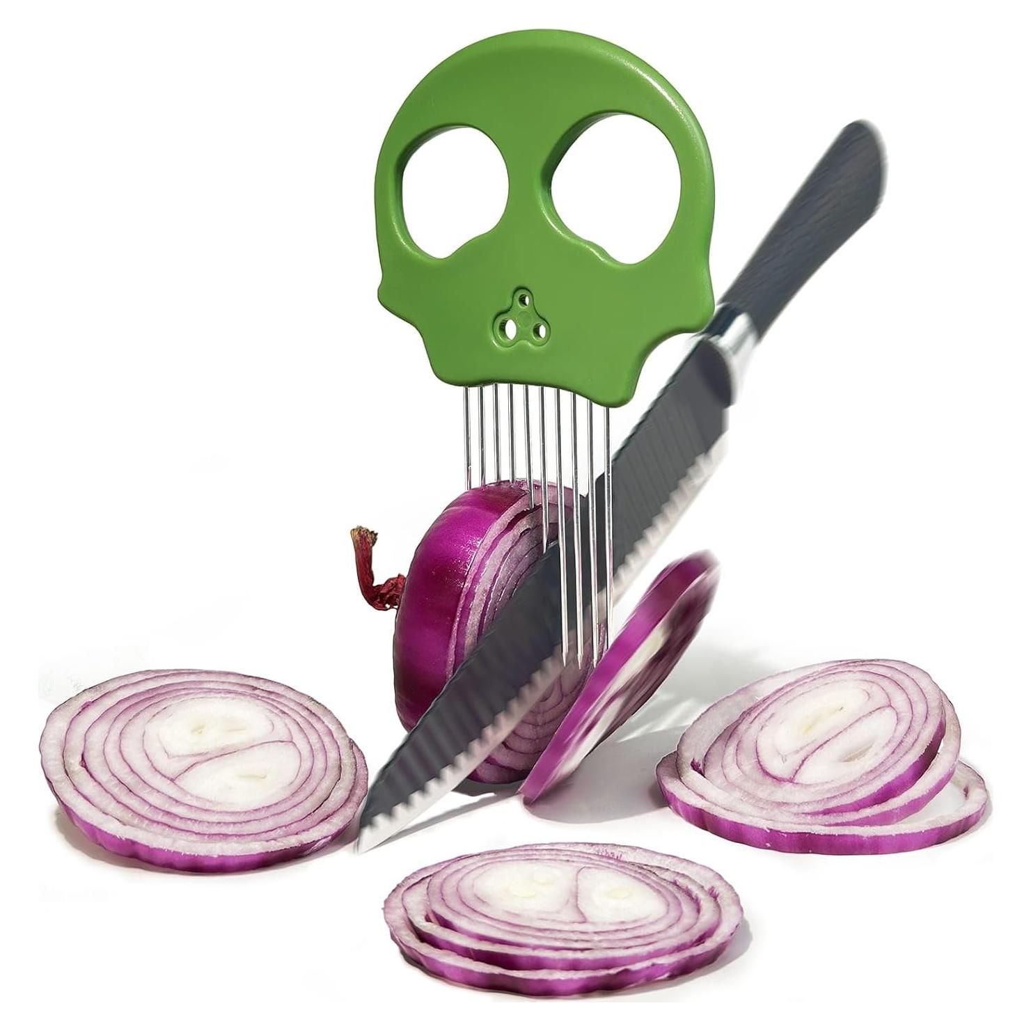 Stainless Steel Onion Cutter – Multi-Function Vegetable Cutter & Herb Stripper for Avocados, Eggs, Tomatoes, Potatoes (GREEN)