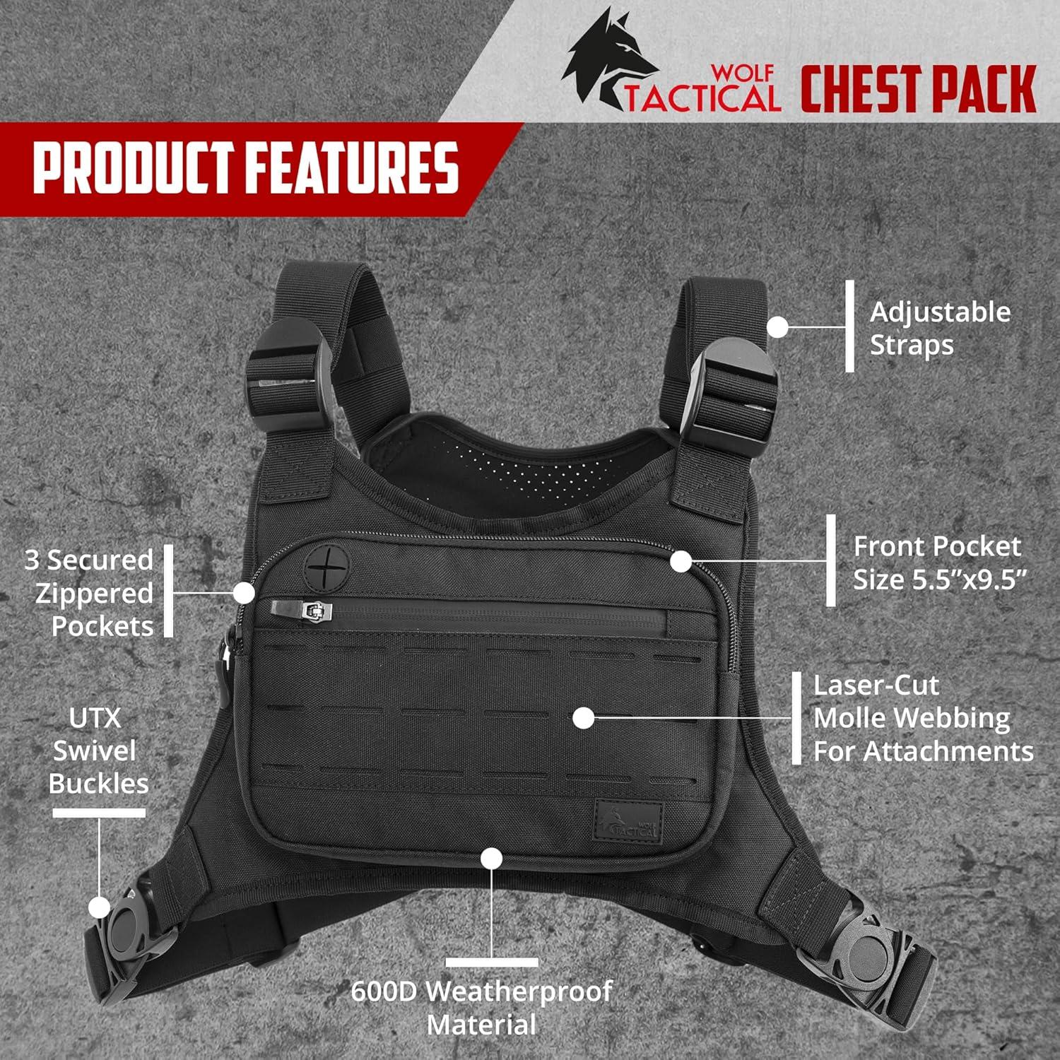 Mochila Pecho Táctica WOLF 600D Negra con Webbing Molle