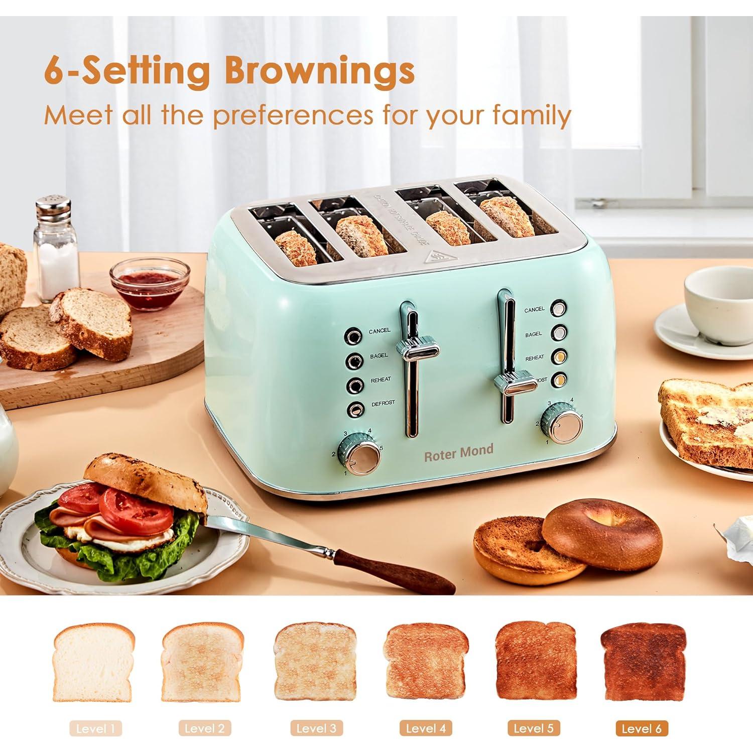 Tostadora Retro Roter Mond 4 Rebanadas Acero Inoxidable Verde Aqua