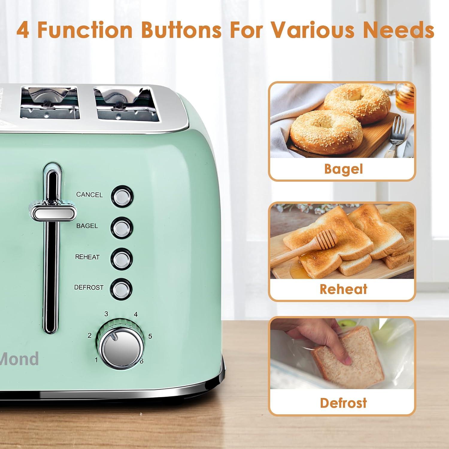 Tostadora Retro Roter Mond 4 Rebanadas Acero Inoxidable Verde Aqua