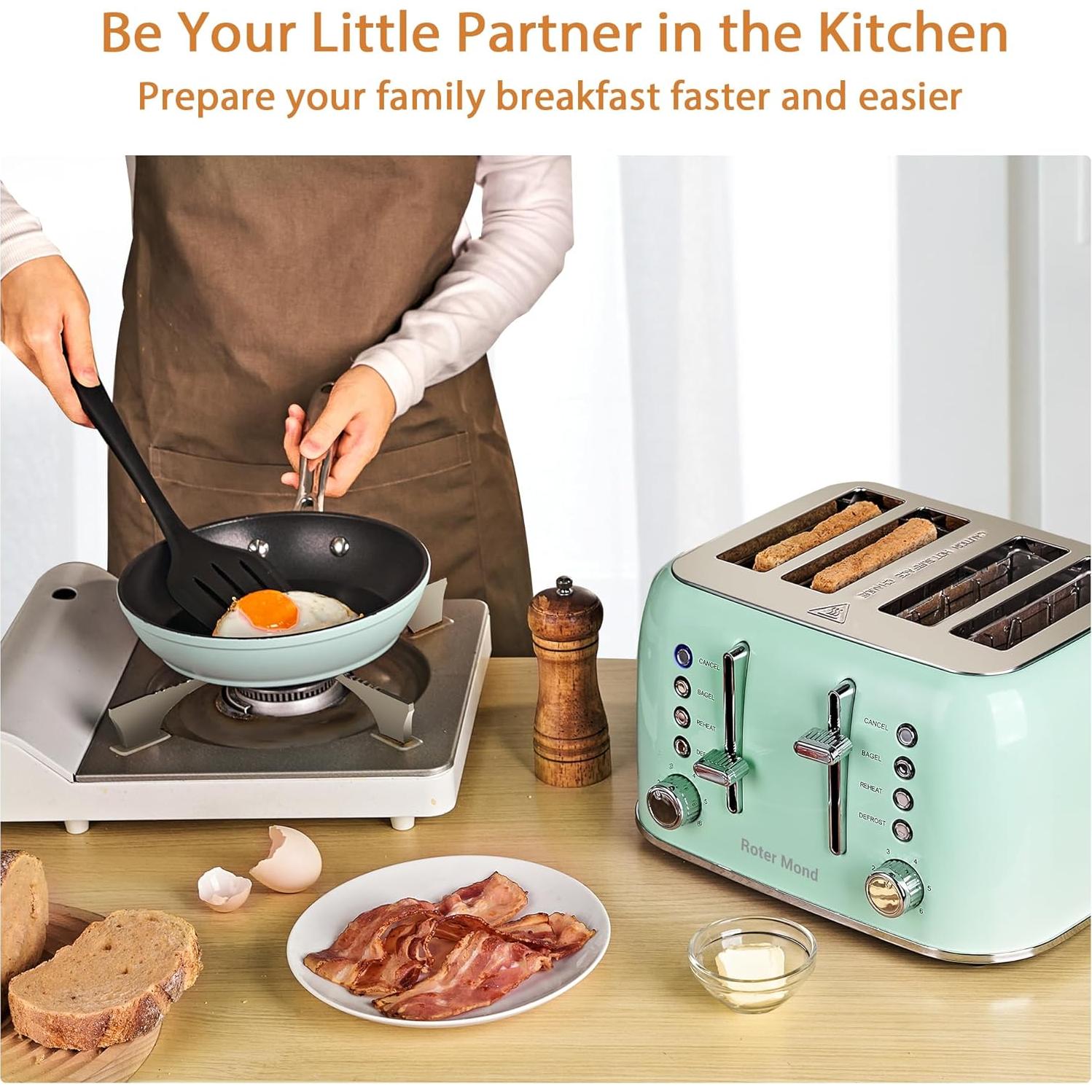 Tostadora Retro Roter Mond 4 Rebanadas Acero Inoxidable Verde Aqua