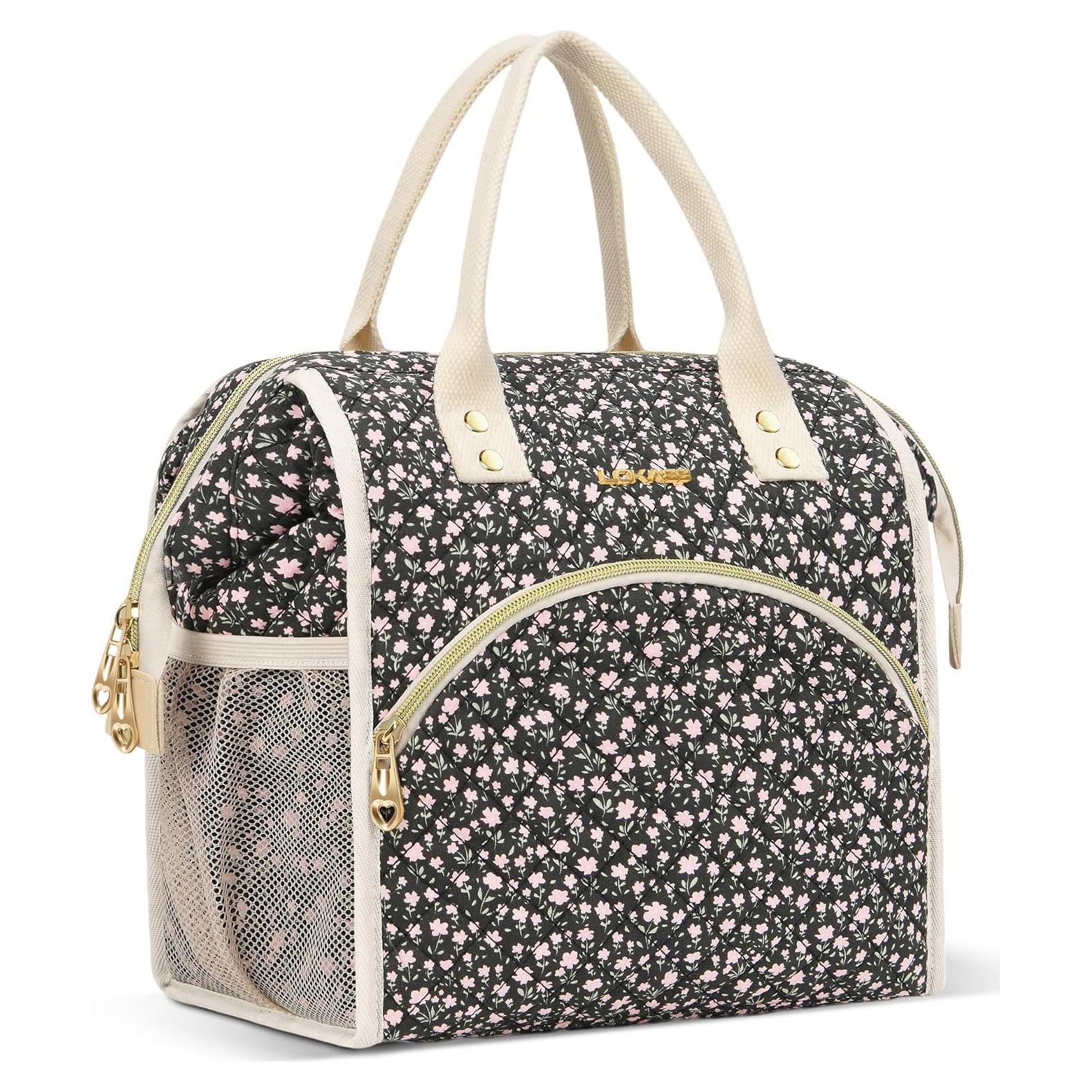 Bolsa de Almuerzo Aislada LOKASS 10L Negra con Flores