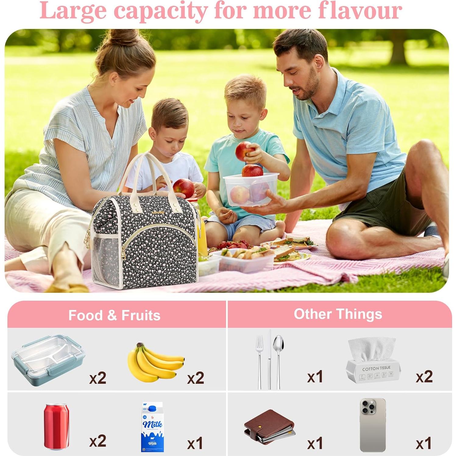 Bolsa de Almuerzo Aislada LOKASS 10L Negra con Flores