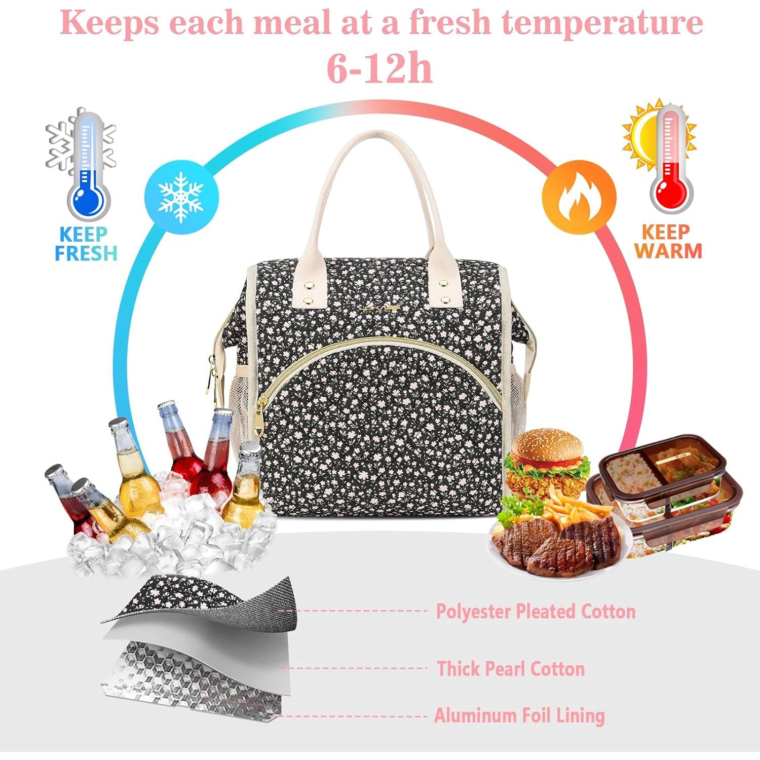 Bolsa de Almuerzo Aislada LOKASS 10L Negra con Flores