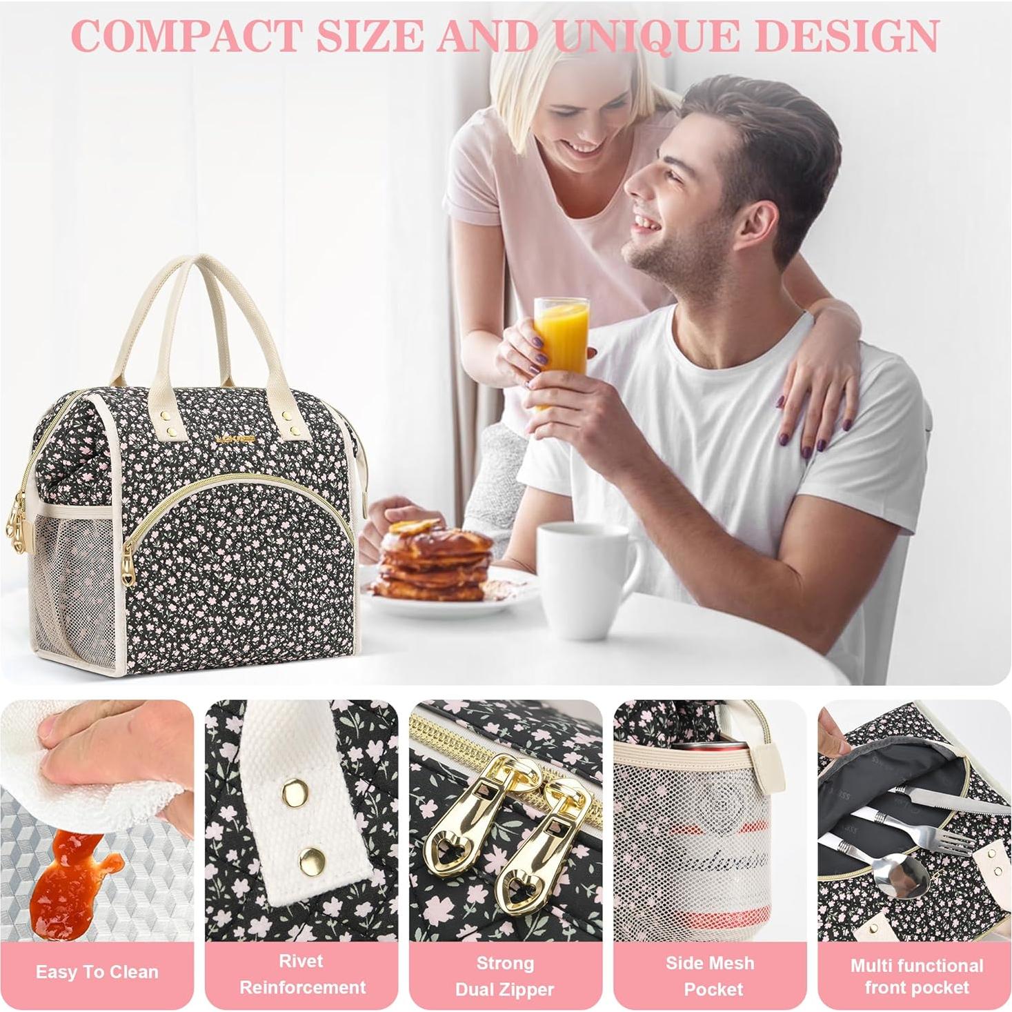 Bolsa de Almuerzo Aislada LOKASS 10L Negra con Flores