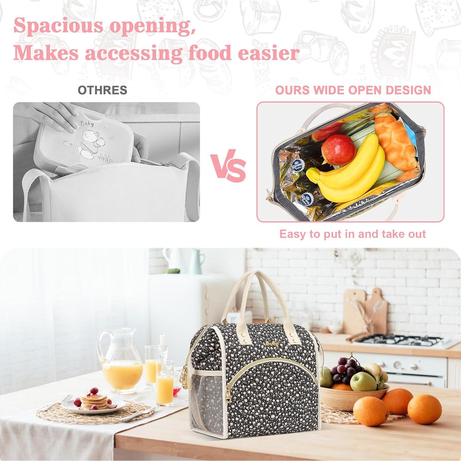 Bolsa de Almuerzo Aislada LOKASS 10L Negra con Flores