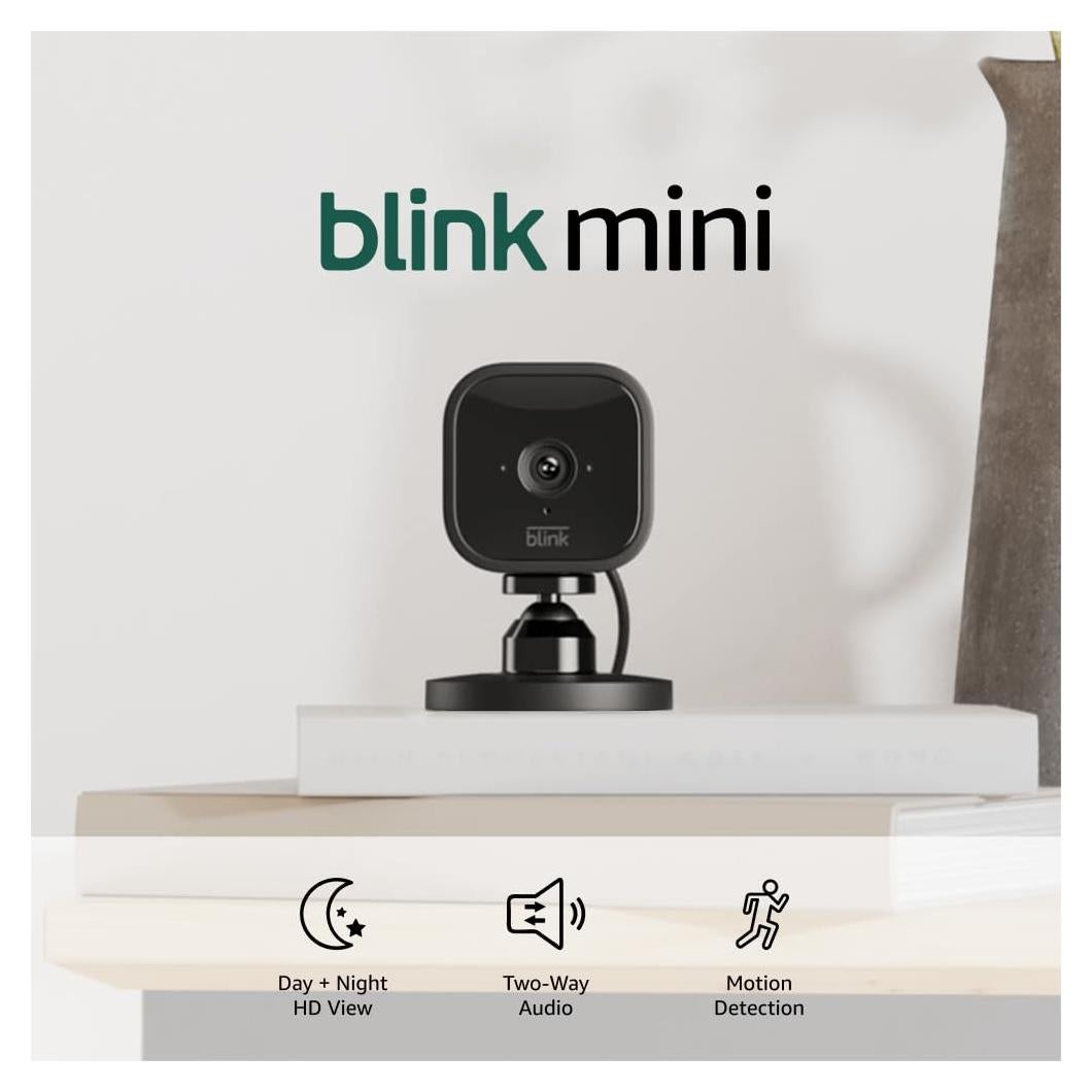 Blink Mini - Compact indoor plug-in smart security camera, 1080p HD video, night vision, motion detection, two-way audio, easy set up, Works with Alexa – 1 camera (Black)