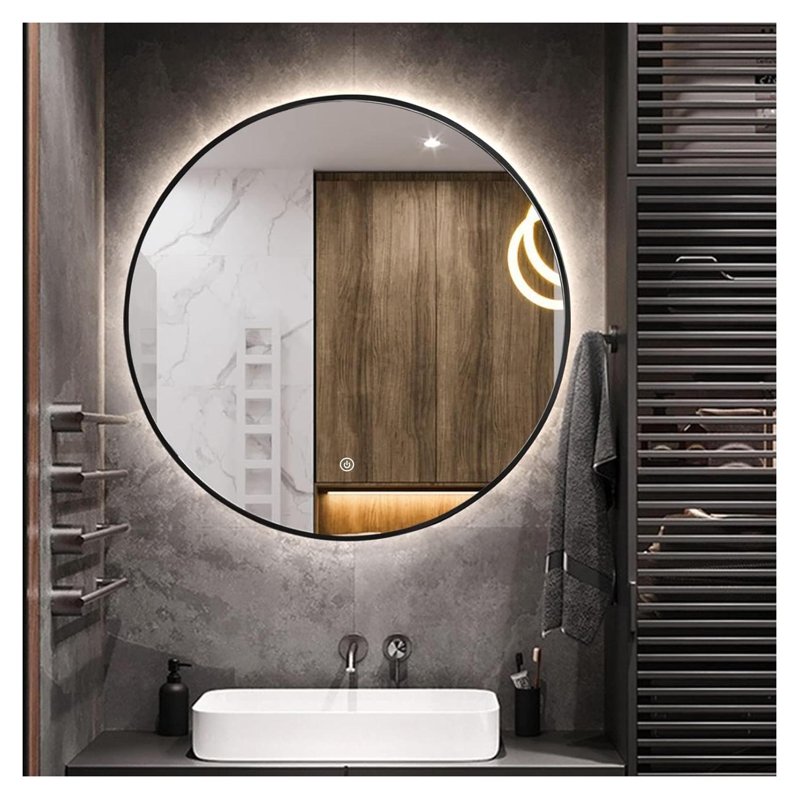 Niccy 24" LED Backlit Round Mirror for Bathroom, Black Framed Vanity Light Wall Mirror LED Smart Circle Mirrors with 3 Lighting Colors, Dimmable Lighted Mirror with Anti-Fog, IP66 Waterproof
