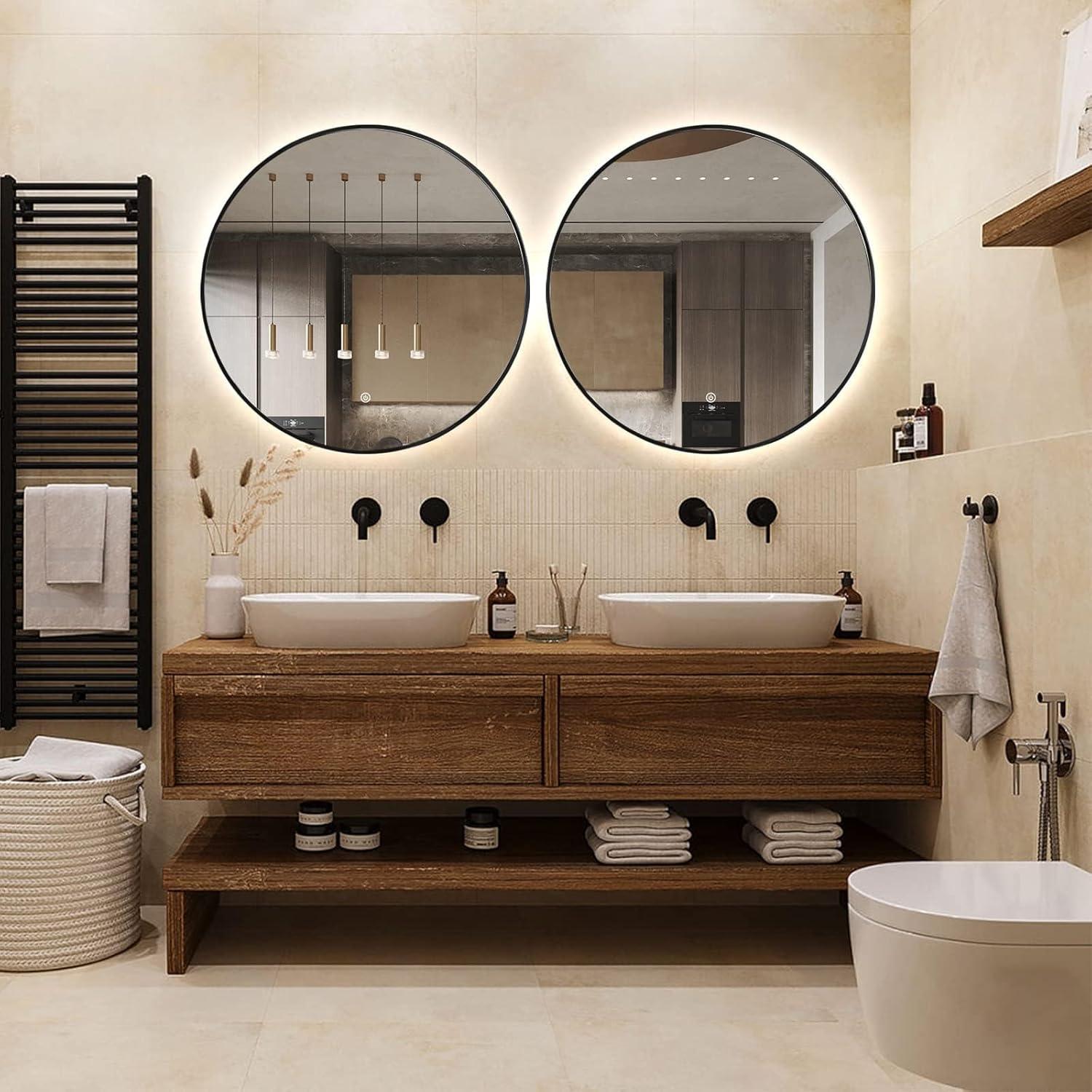 Niccy 24" LED Backlit Round Mirror for Bathroom, Black Framed Vanity Light Wall Mirror LED Smart Circle Mirrors with 3 Lighting Colors, Dimmable Lighted Mirror with Anti-Fog, IP66 Waterproof