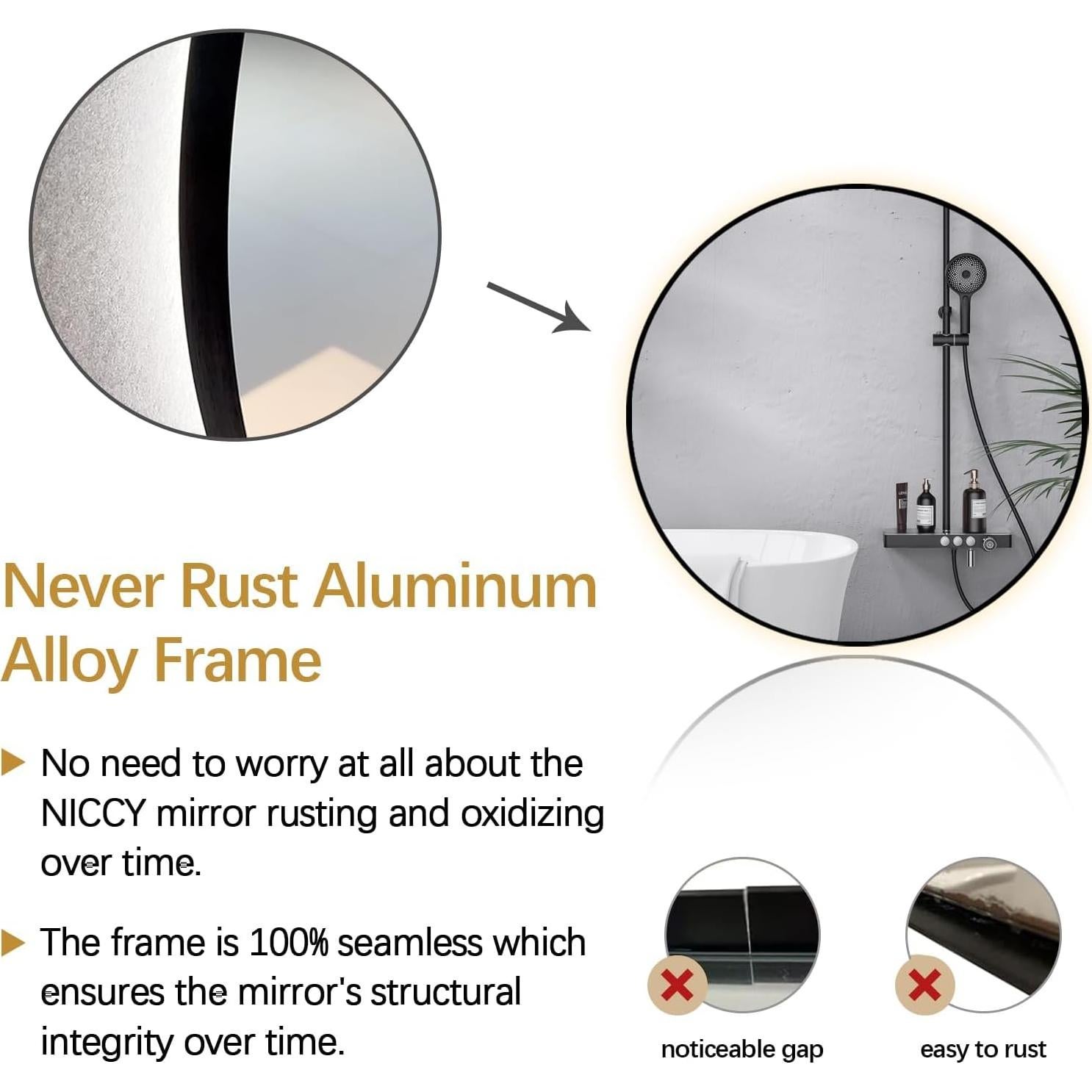 Niccy 24" LED Backlit Round Mirror for Bathroom, Black Framed Vanity Light Wall Mirror LED Smart Circle Mirrors with 3 Lighting Colors, Dimmable Lighted Mirror with Anti-Fog, IP66 Waterproof