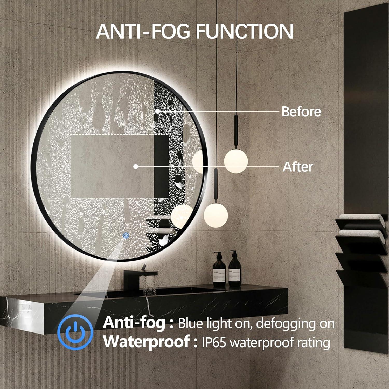 Niccy 24" LED Backlit Round Mirror for Bathroom, Black Framed Vanity Light Wall Mirror LED Smart Circle Mirrors with 3 Lighting Colors, Dimmable Lighted Mirror with Anti-Fog, IP66 Waterproof