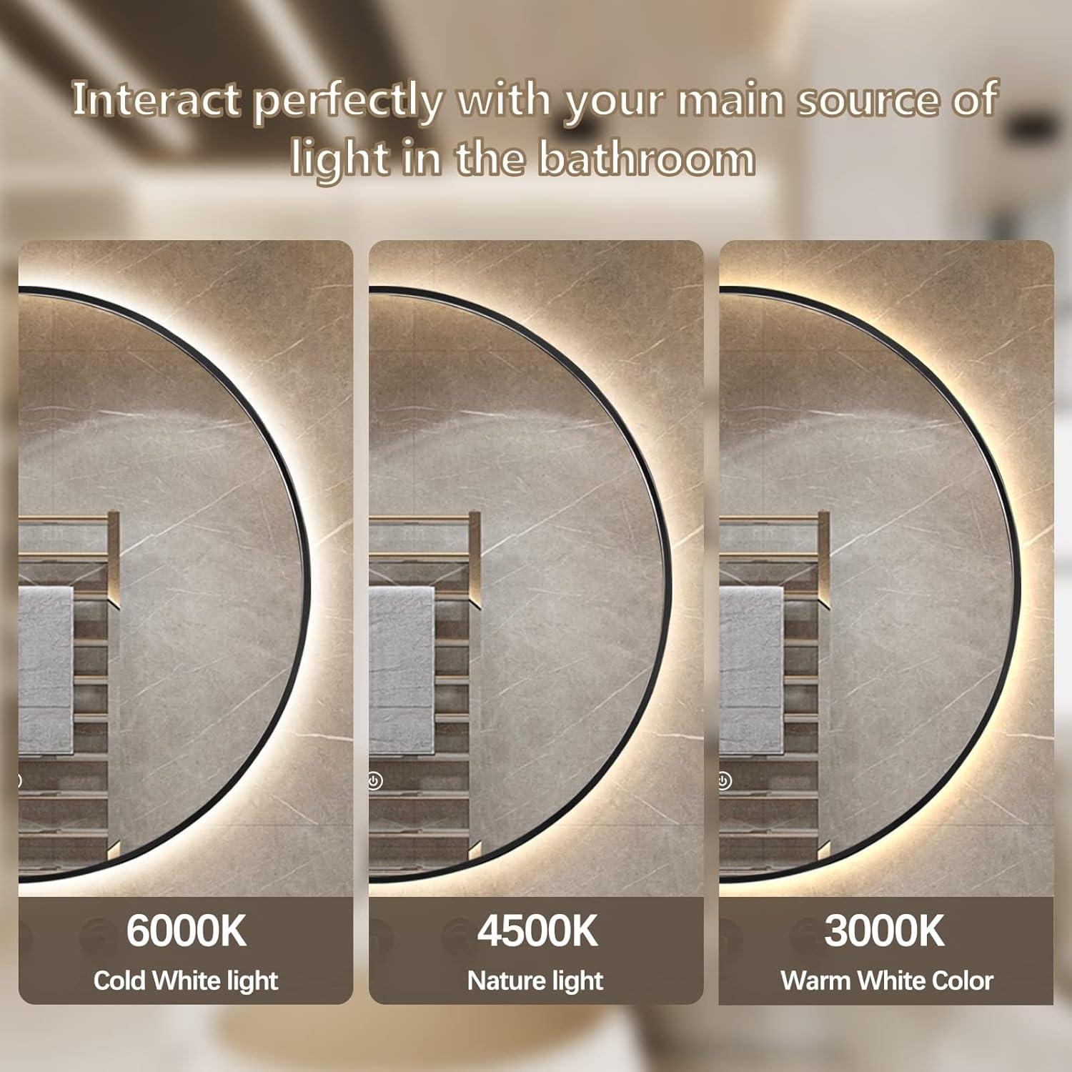 Niccy 24" LED Backlit Round Mirror for Bathroom, Black Framed Vanity Light Wall Mirror LED Smart Circle Mirrors with 3 Lighting Colors, Dimmable Lighted Mirror with Anti-Fog, IP66 Waterproof