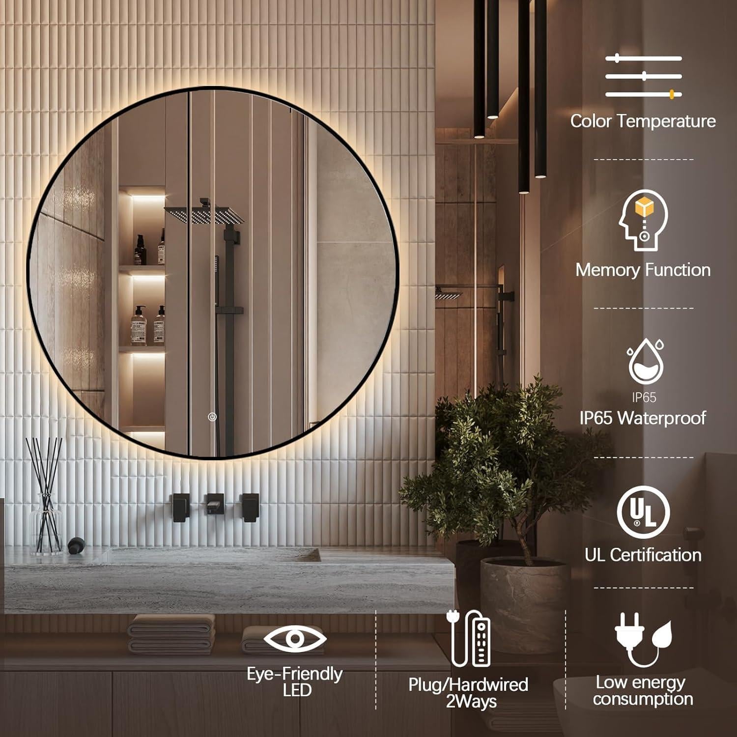 Niccy 24" LED Backlit Round Mirror for Bathroom, Black Framed Vanity Light Wall Mirror LED Smart Circle Mirrors with 3 Lighting Colors, Dimmable Lighted Mirror with Anti-Fog, IP66 Waterproof