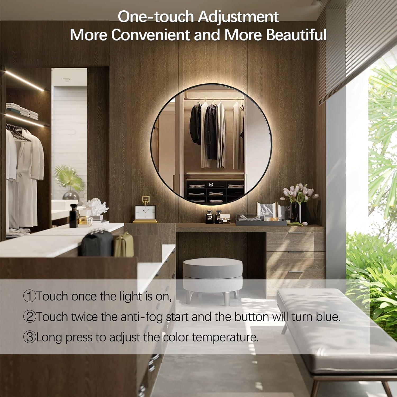 Niccy 24" LED Backlit Round Mirror for Bathroom, Black Framed Vanity Light Wall Mirror LED Smart Circle Mirrors with 3 Lighting Colors, Dimmable Lighted Mirror with Anti-Fog, IP66 Waterproof