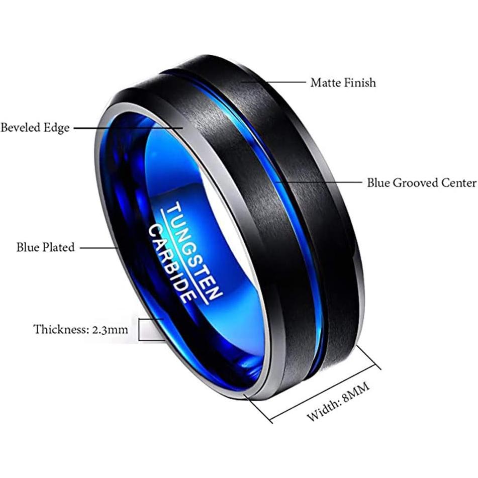 Anillo de Tungsteno NUNCAD 8mm Negro Azul Boda Grabado
