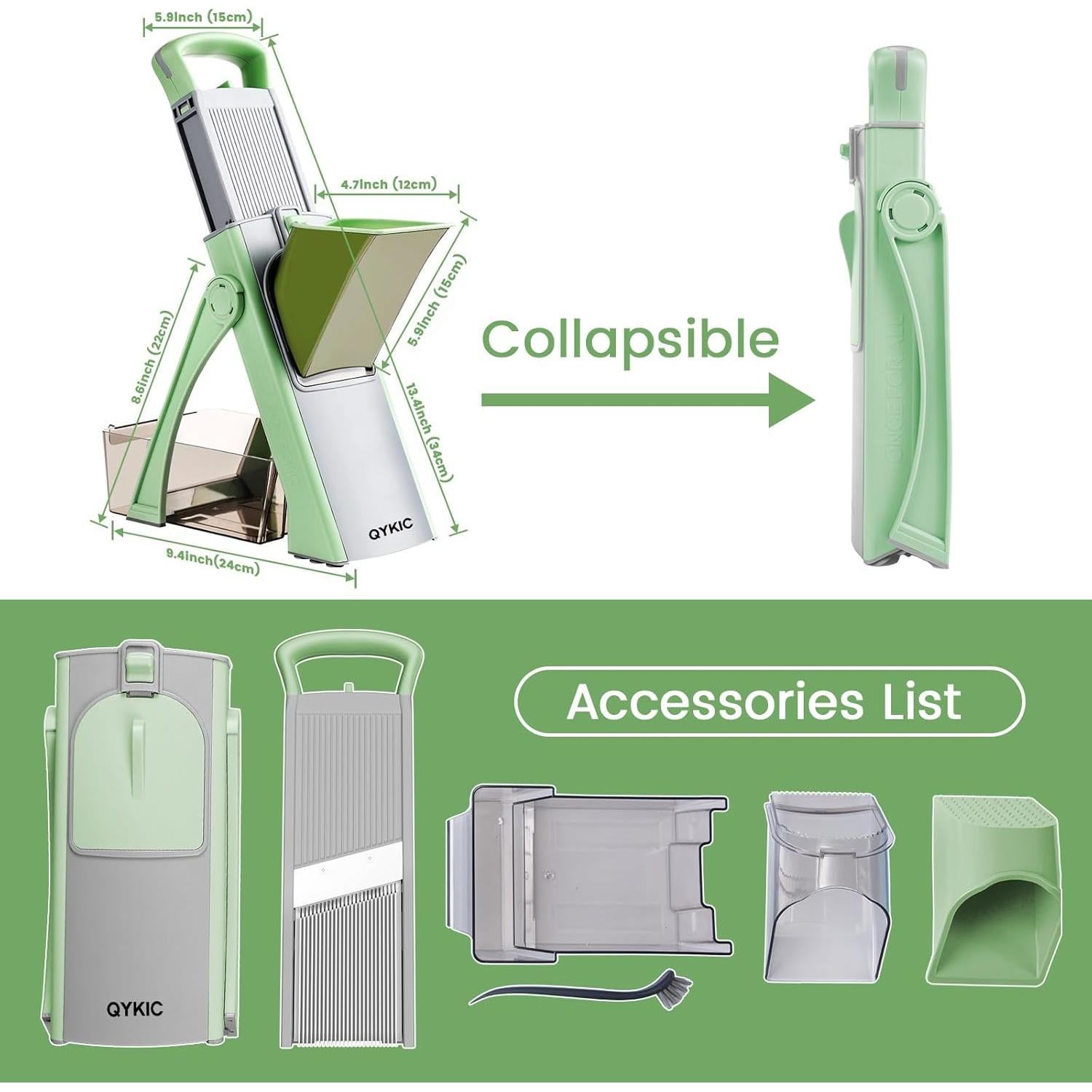 Rebanador Mandolina QYKIC 5 en 1 Verde, Cortador de Verduras
