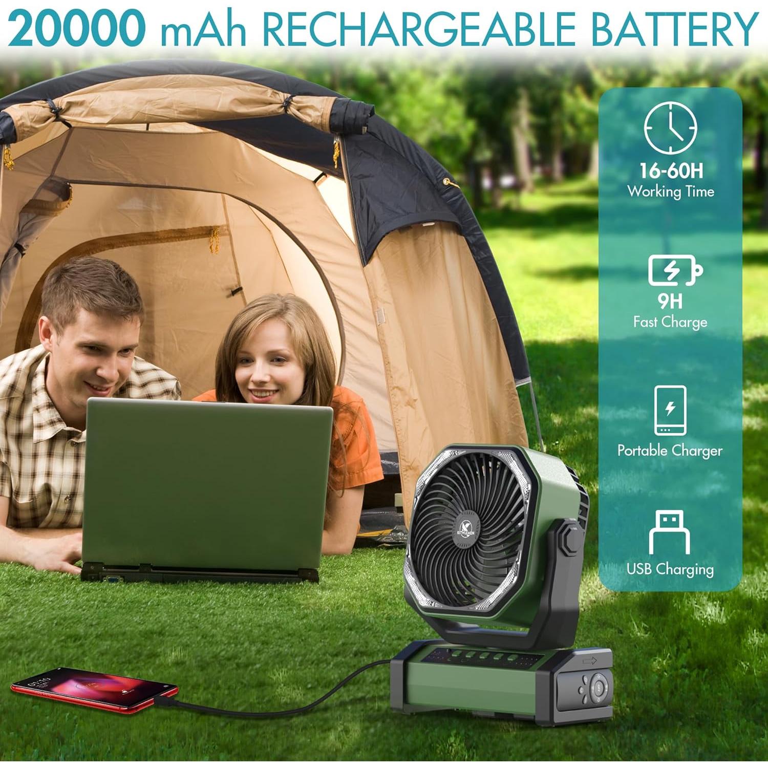 Ventilador de Camping KITWLEMEN 20000mAh con Luz LED