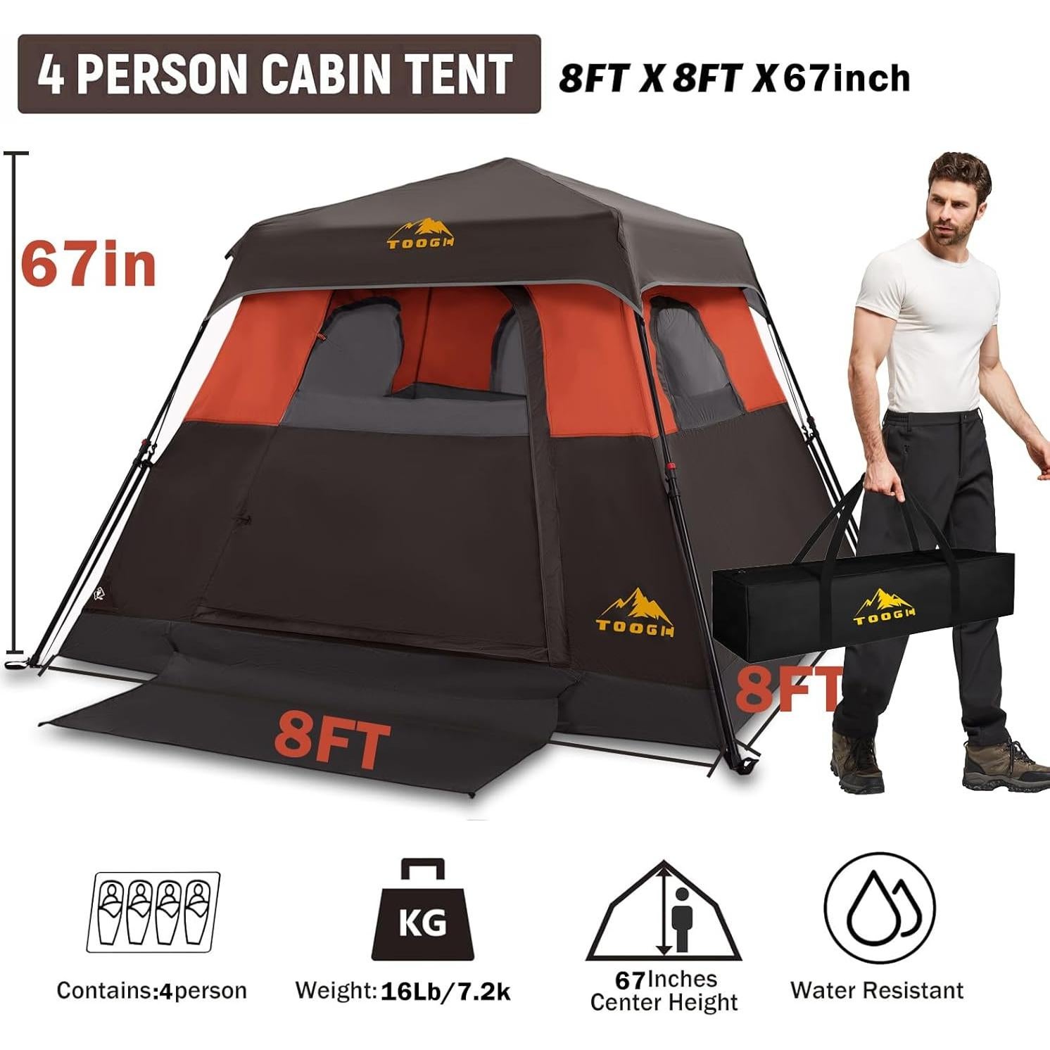 Carpa de Camping Toogh 4 Personas Montaje Rápido Impermeable