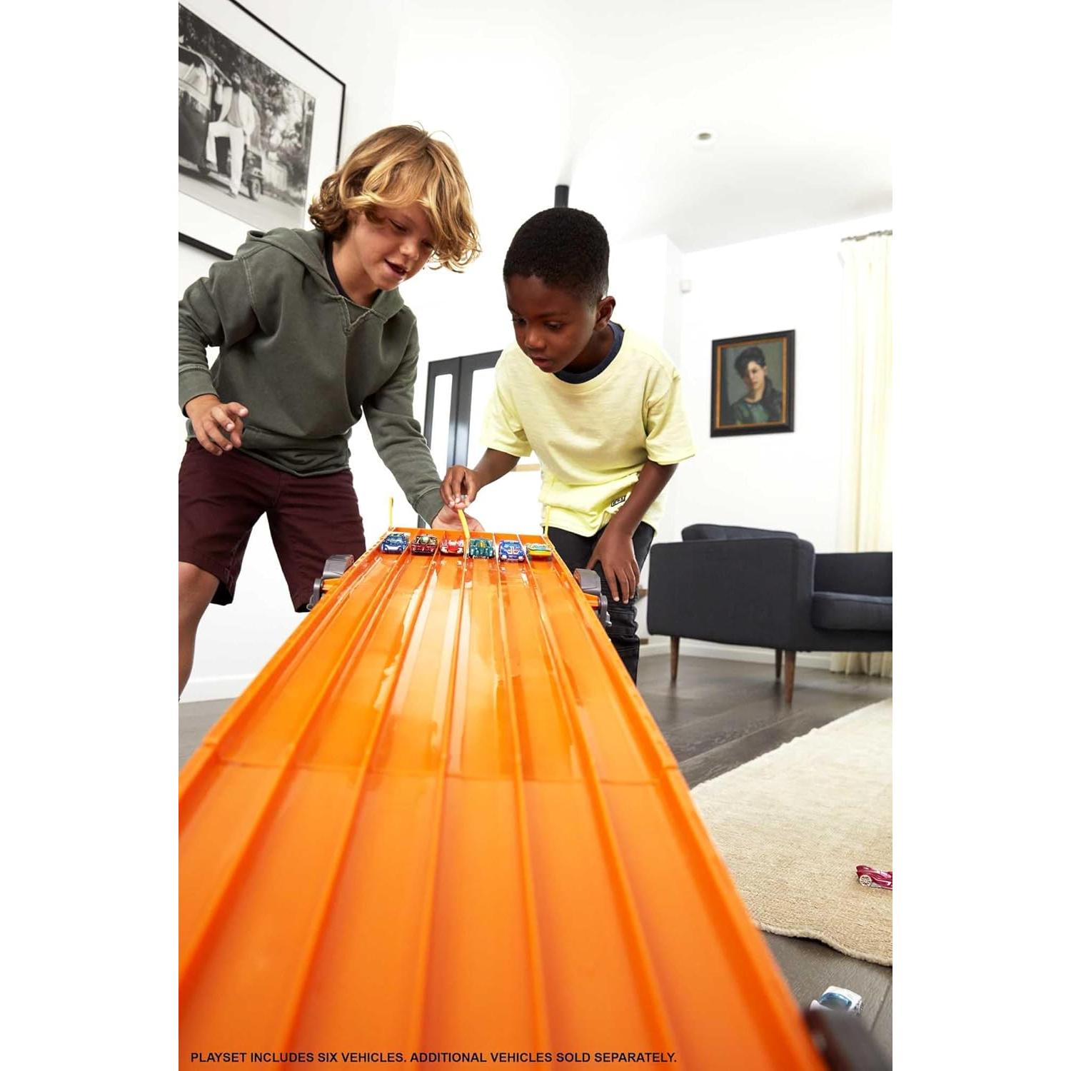 Hot Wheels Toy Car Track Set with Lights, Sounds & 6 1:64 Scale Vehicles, Super 6-Lane Raceway, 8-foot Track that Rolls Up for Storage (Amazon Exclusive)