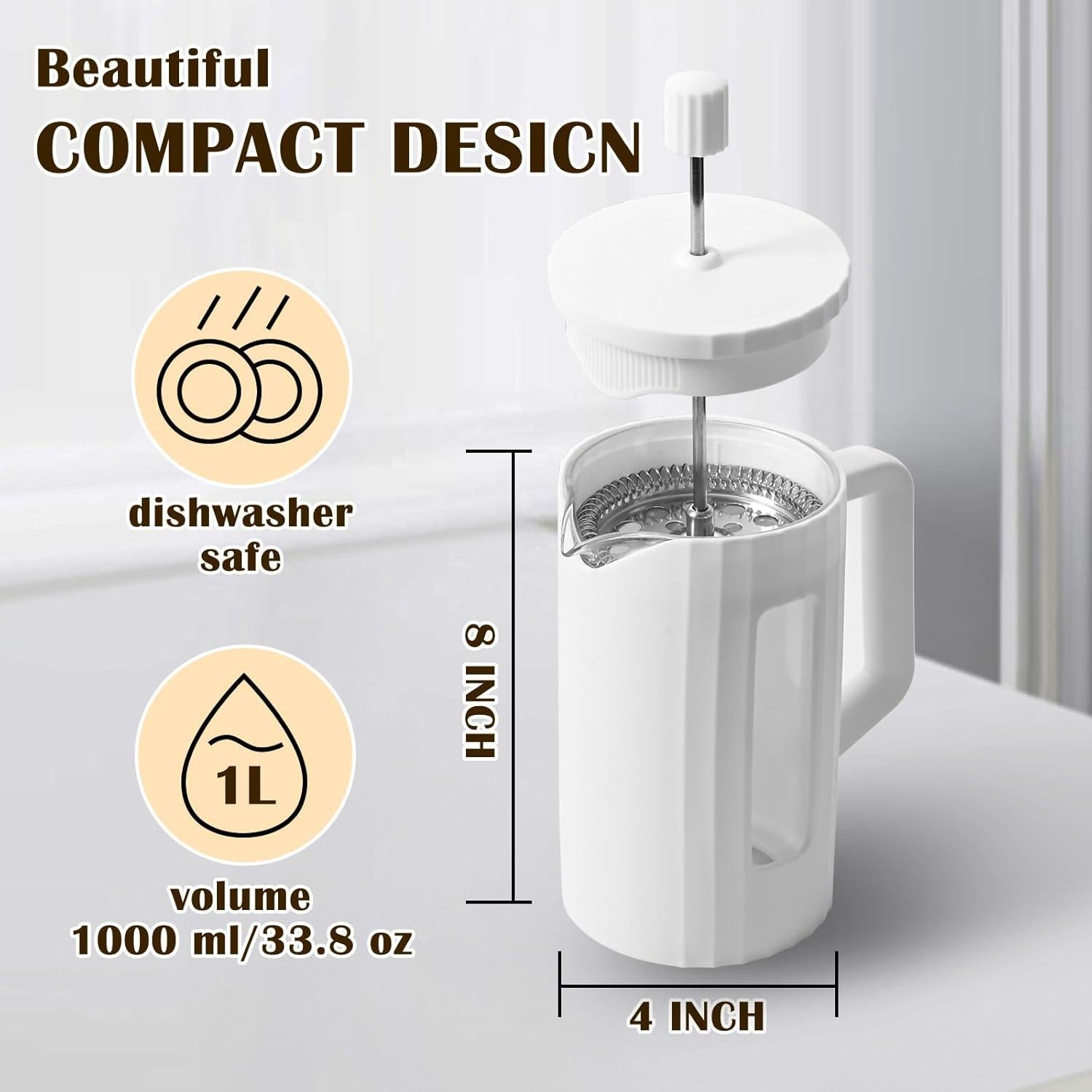 Prensa Francesa TheJze 34 oz Vidrio Borosilicato Blanco