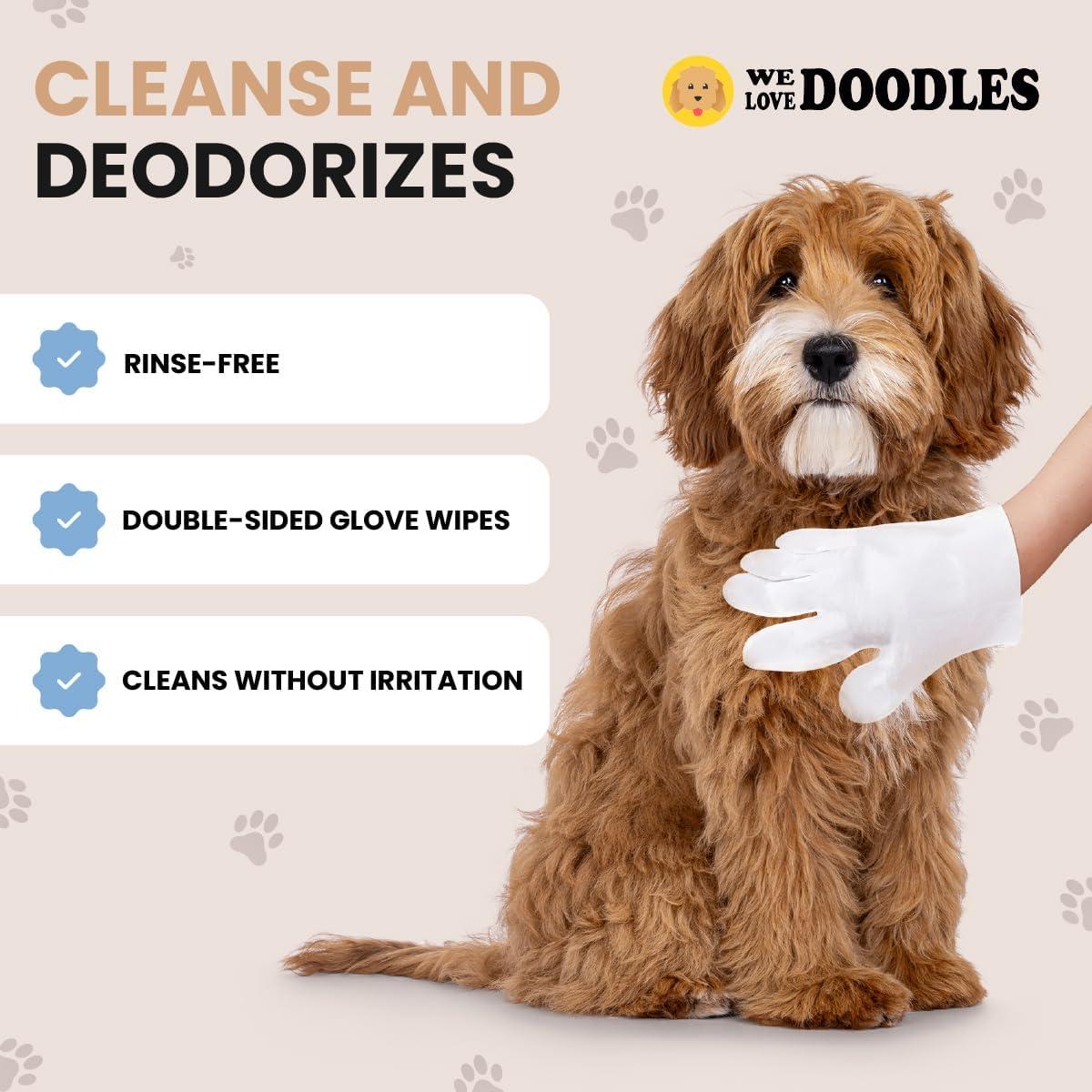 We Love Doodles Dog Cleaning Gloves Wipes - Pet Bathing Wipes for Dogs, Paws, Face, Body, Ears - Safe, Easy & Effective - Individually Packaged, Rinse-Free, Double-Sided, Alcohol-Free (6 Pieces)