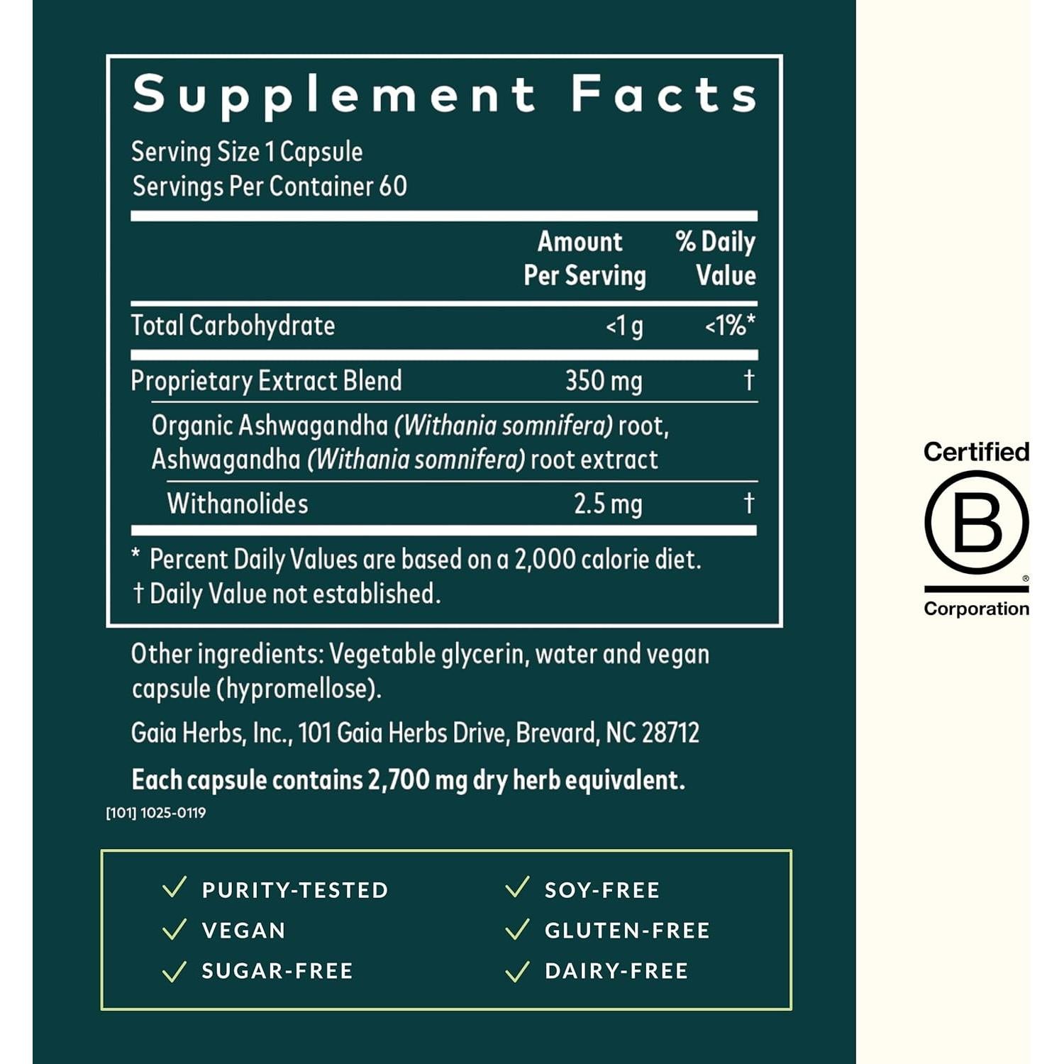 Raíz de Ashwagandha Gaia Herbs 60 Cápsulas Veganas 177g
