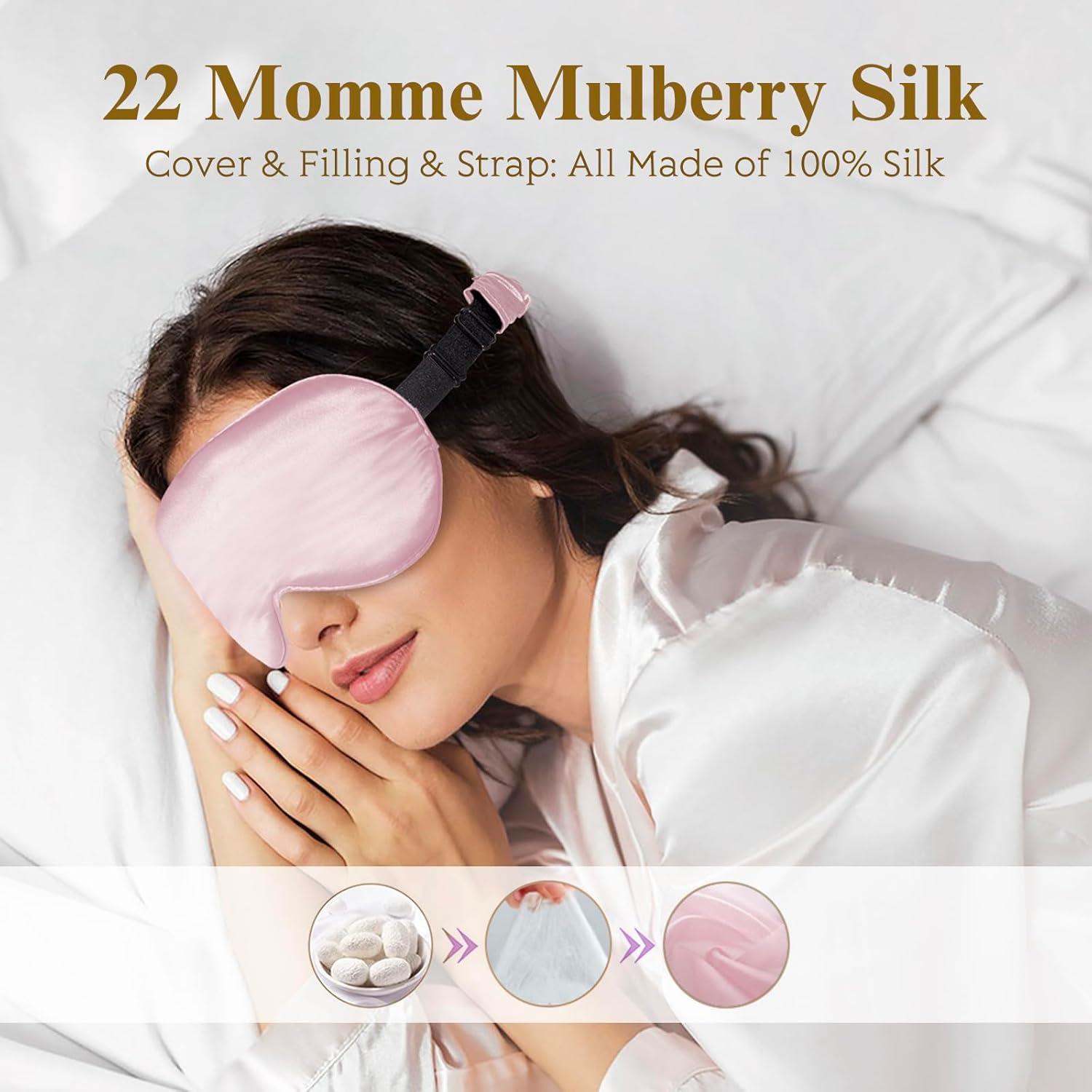 BeeVines 3D Sleep Mask, 22 Momme Mulberry Silk Sleeping Eye Masks, 2 Pack 3D Weighted Eye Cover for Lash Extensions, Night Light Blocking Blindfold, Blackout Satin Covers Blindfolds for Men & Women