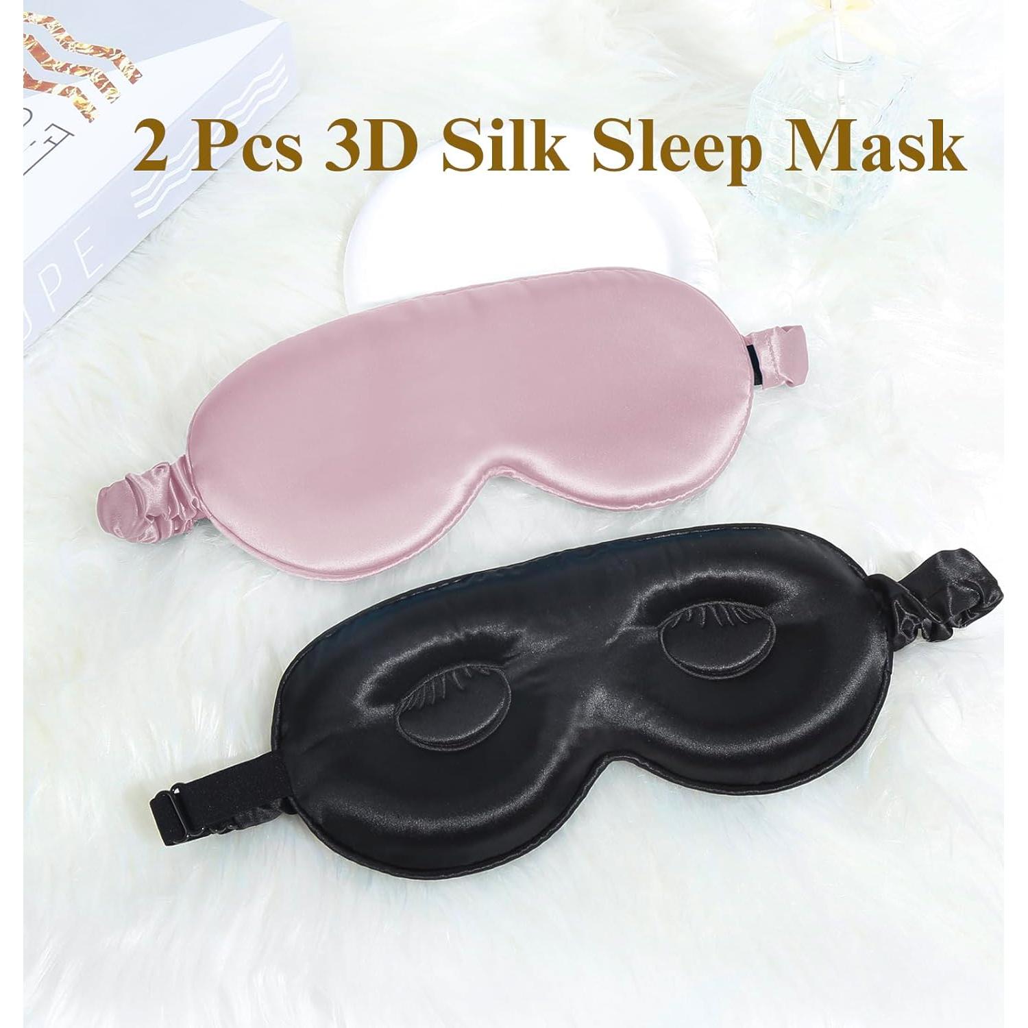 BeeVines 3D Sleep Mask, 22 Momme Mulberry Silk Sleeping Eye Masks, 2 Pack 3D Weighted Eye Cover for Lash Extensions, Night Light Blocking Blindfold, Blackout Satin Covers Blindfolds for Men & Women
