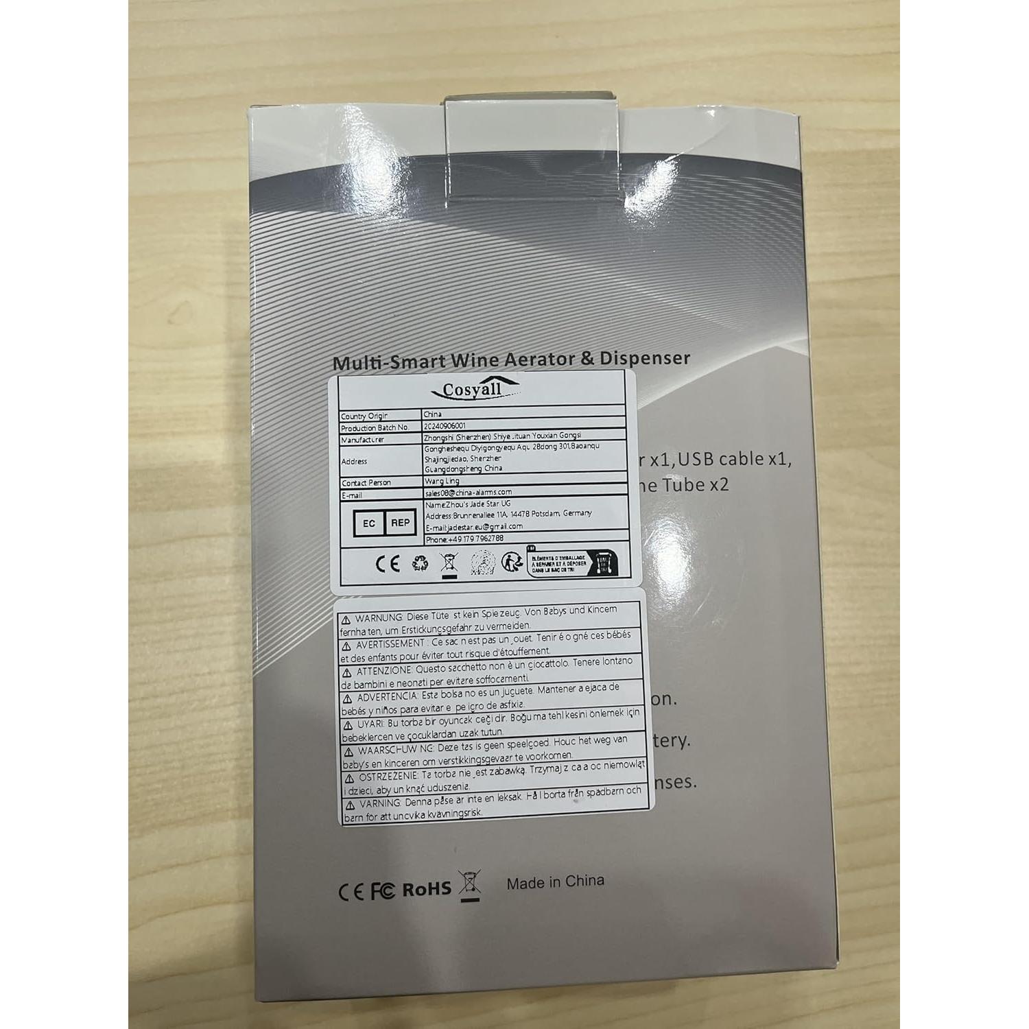 Aerador de Vino Eléctrico Cosyall EA01 0.95L Negro