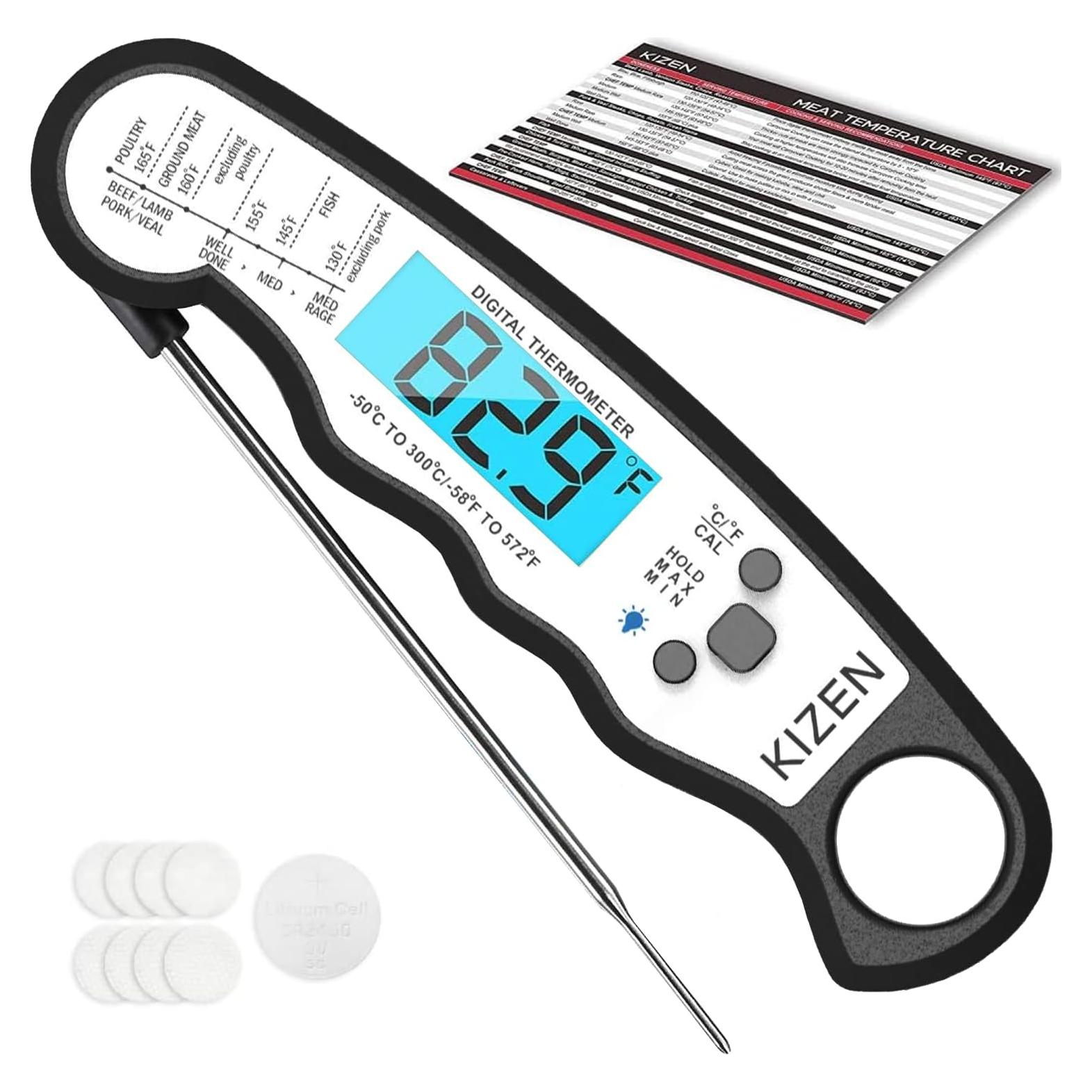 Kizen Instant Read Meat Thermometer Digital - Food Thermometer for Cooking, Grill, Oven, BBQ - Waterproof and Backlit Display - Kitchen Gadgets