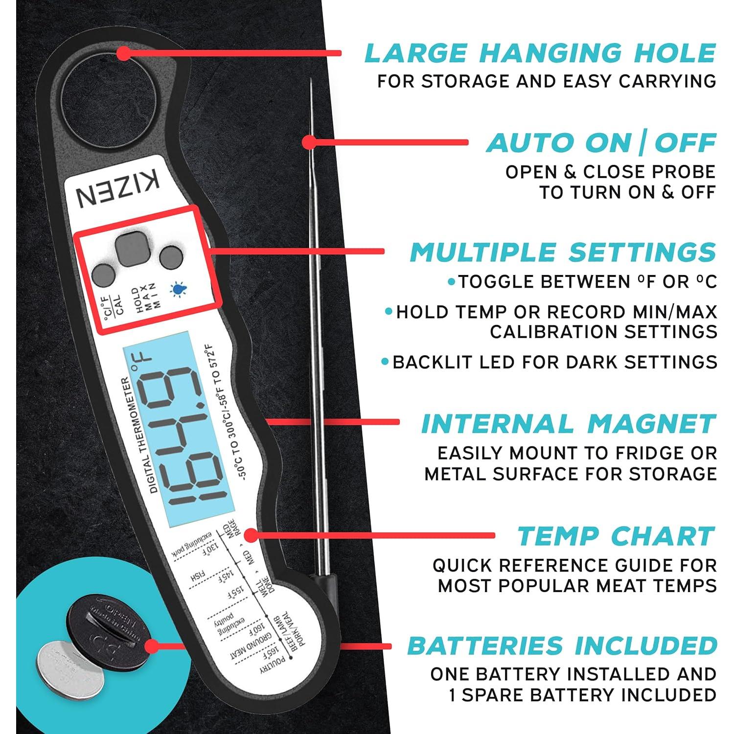 Kizen Instant Read Meat Thermometer Digital - Food Thermometer for Cooking, Grill, Oven, BBQ - Waterproof and Backlit Display - Kitchen Gadgets