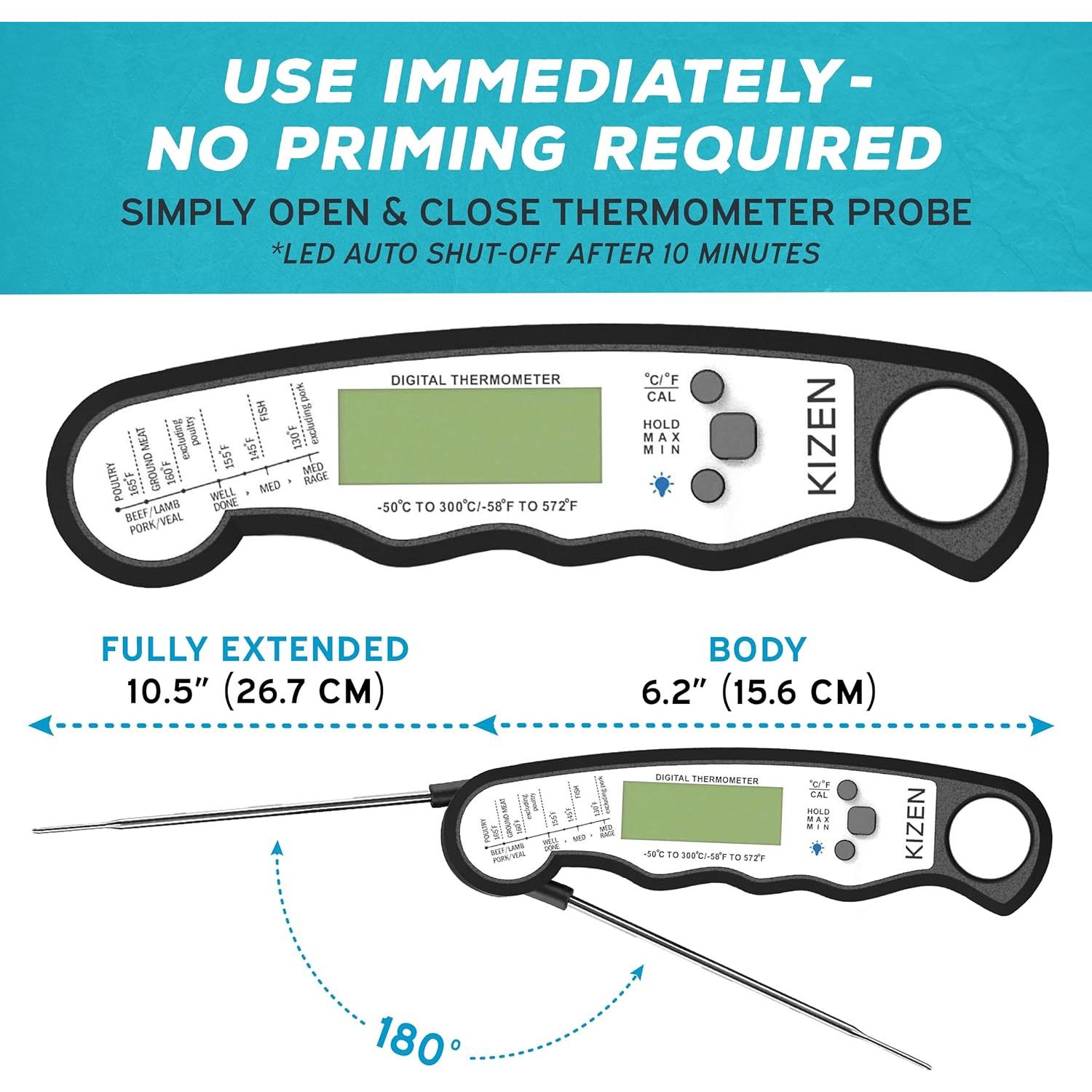 Kizen Instant Read Meat Thermometer Digital - Food Thermometer for Cooking, Grill, Oven, BBQ - Waterproof and Backlit Display - Kitchen Gadgets