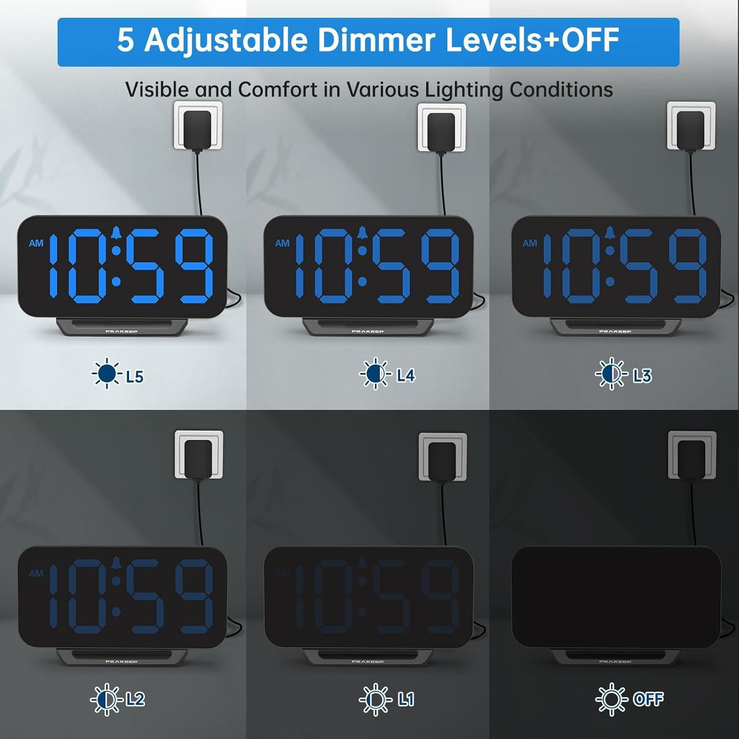 Reloj Despertador Digital Peakeep LED Azul Pequeño 6"