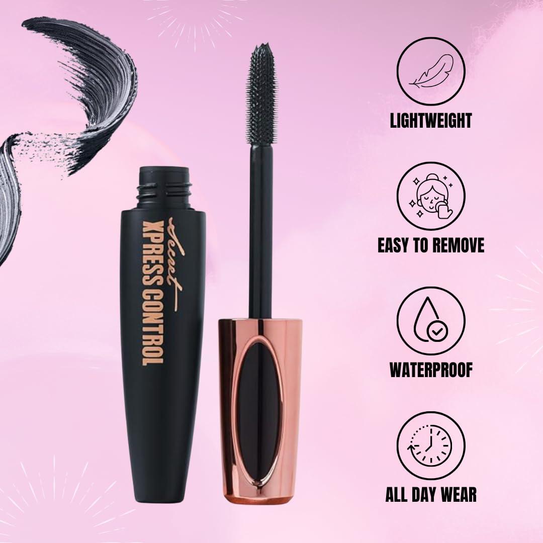 Secret Xpress Control 4D Silk Fiber Lash Mascara, Lengthening and Thick, Volume, Long Lasting, Smudge-Proof, All Day Full, Long, Thick, Smudge-Proof Eyelashes