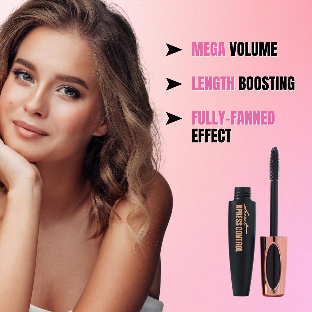 Secret Xpress Control 4D Silk Fiber Lash Mascara, Lengthening and Thick, Volume, Long Lasting, Smudge-Proof, All Day Full, Long, Thick, Smudge-Proof Eyelashes