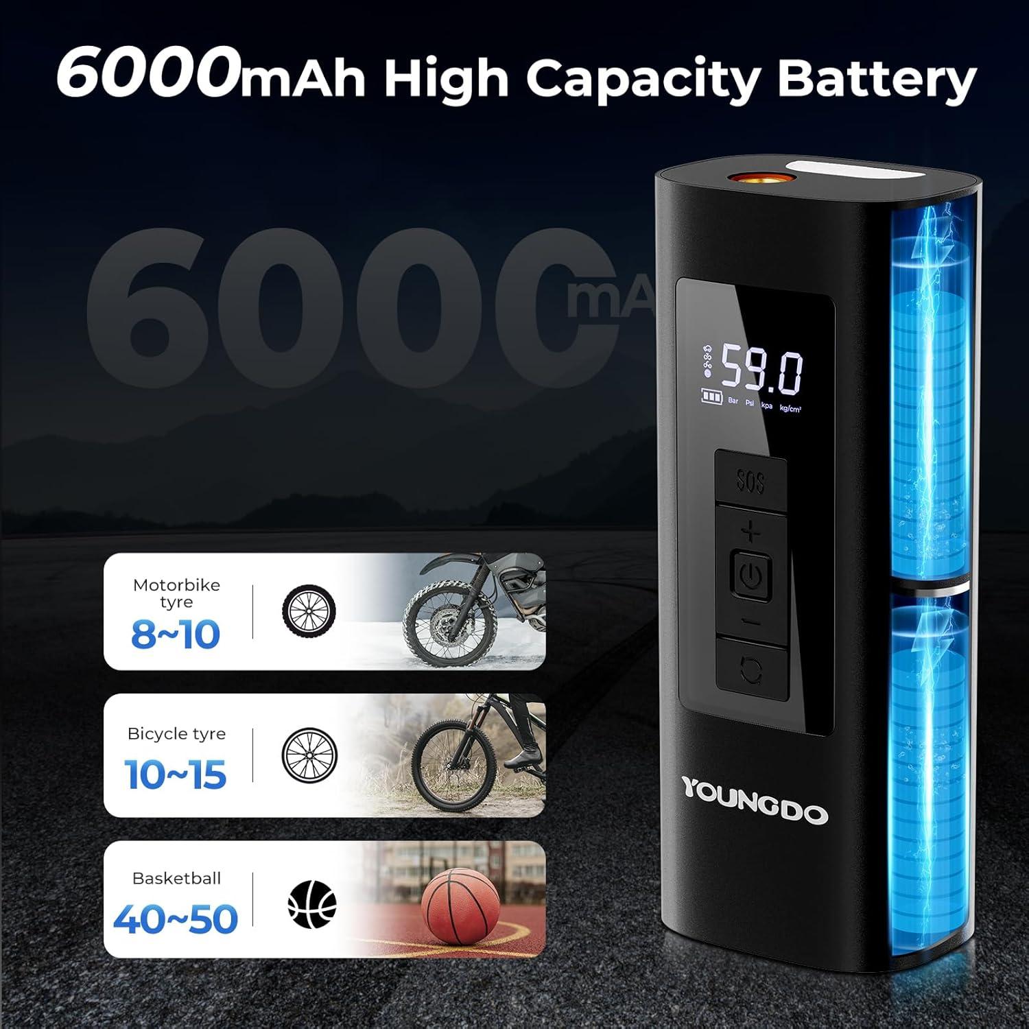 Compresor de Aire Portátil YOUNGDO 150 PSI 6000mAh Negro