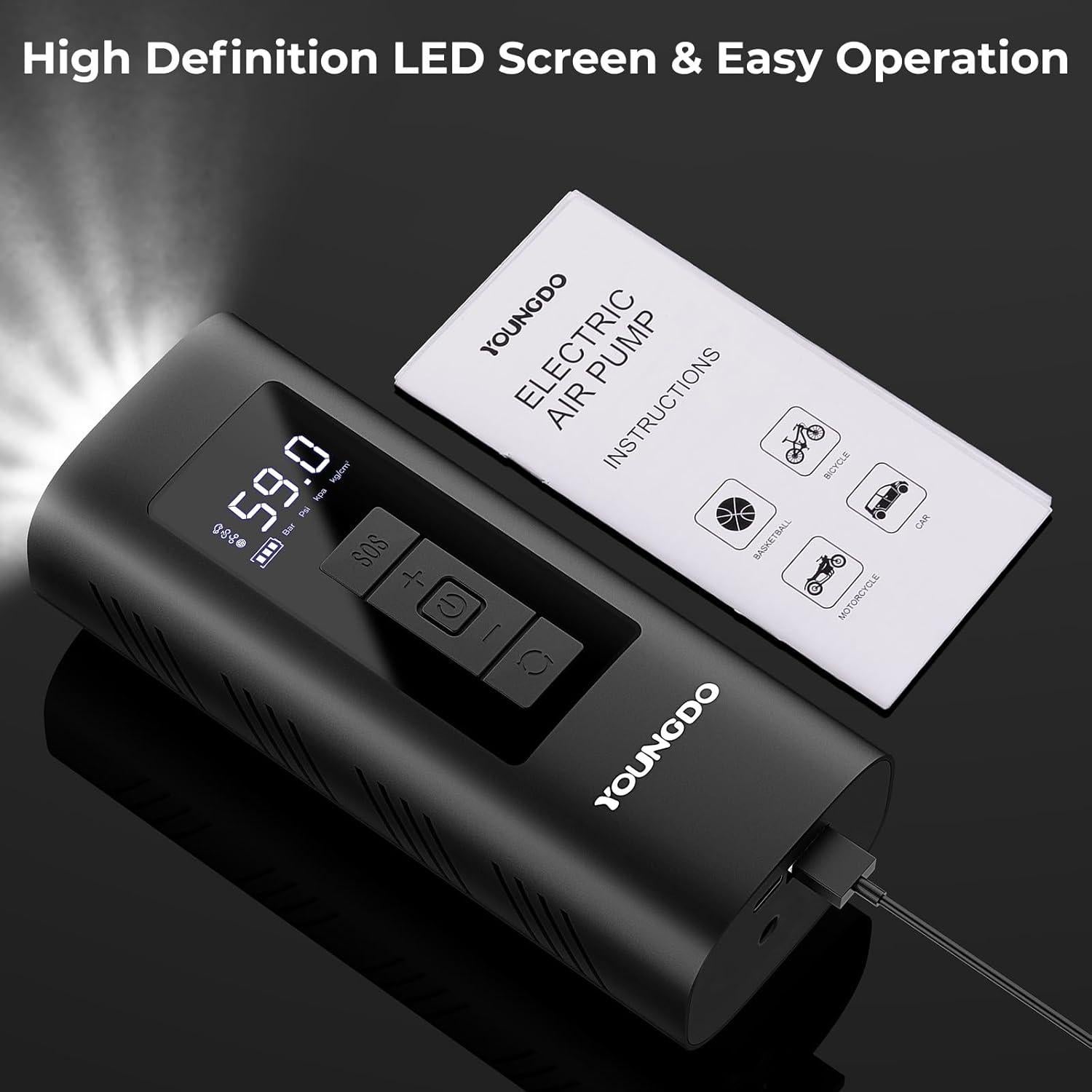 Compresor de Aire Portátil YOUNGDO 150 PSI 6000mAh Negro