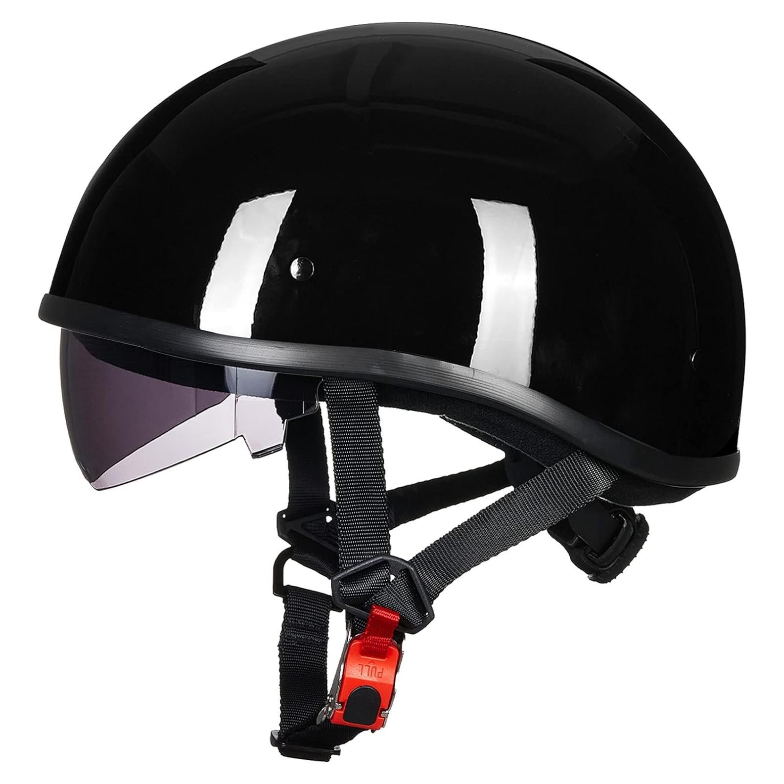 ILM Motorcycle Half Helmet with Sunshield Quick Release Strap Half Face Fit for Cruiser Scooter DOT Approved 883V (Gloss Black, Medium)