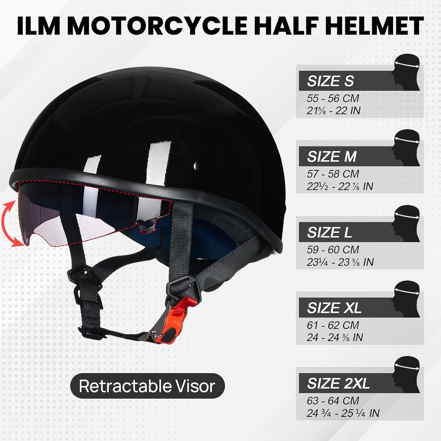 ILM Motorcycle Half Helmet with Sunshield Quick Release Strap Half Face Fit for Cruiser Scooter DOT Approved 883V (Gloss Black, Medium)