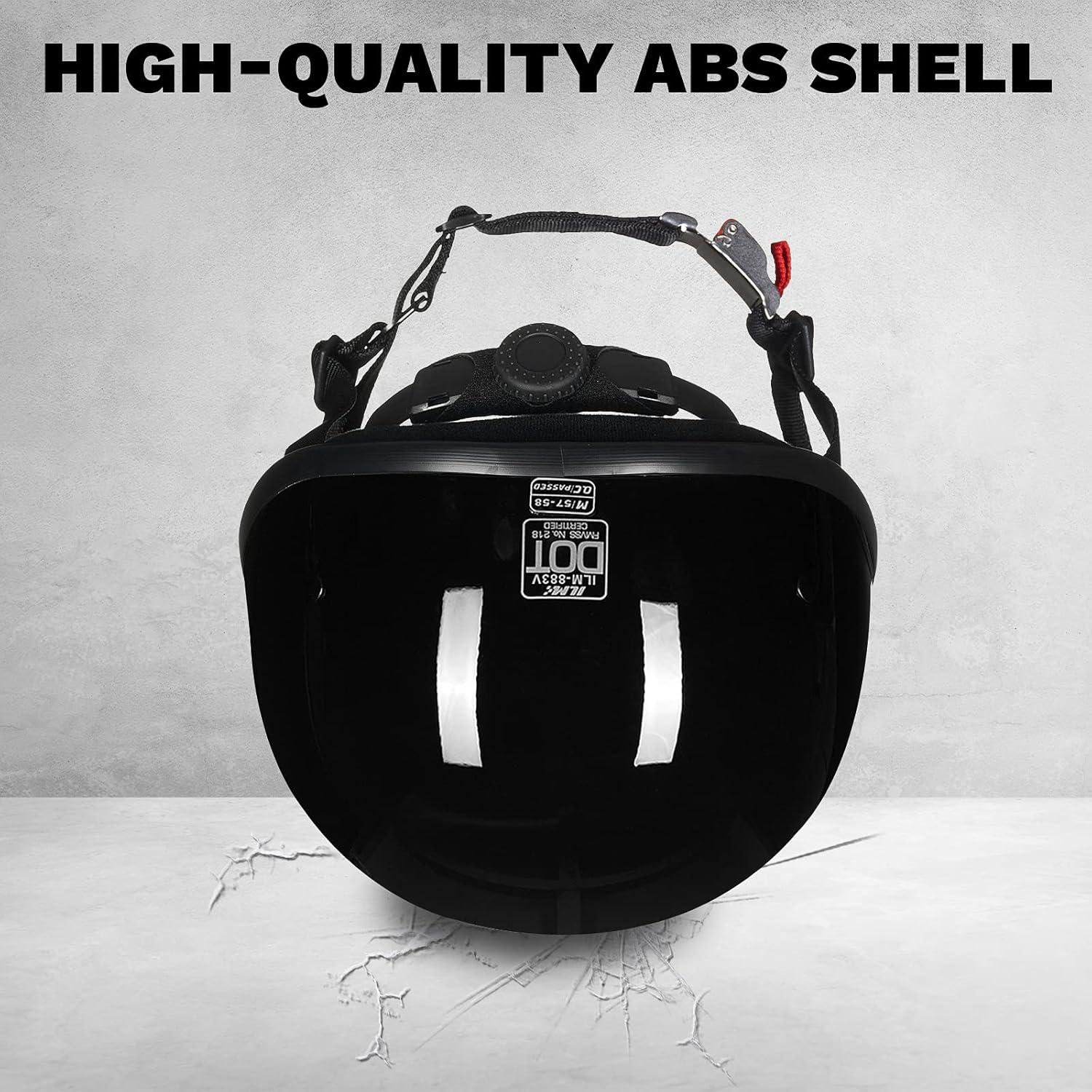 ILM Motorcycle Half Helmet with Sunshield Quick Release Strap Half Face Fit for Cruiser Scooter DOT Approved 883V (Gloss Black, Medium)