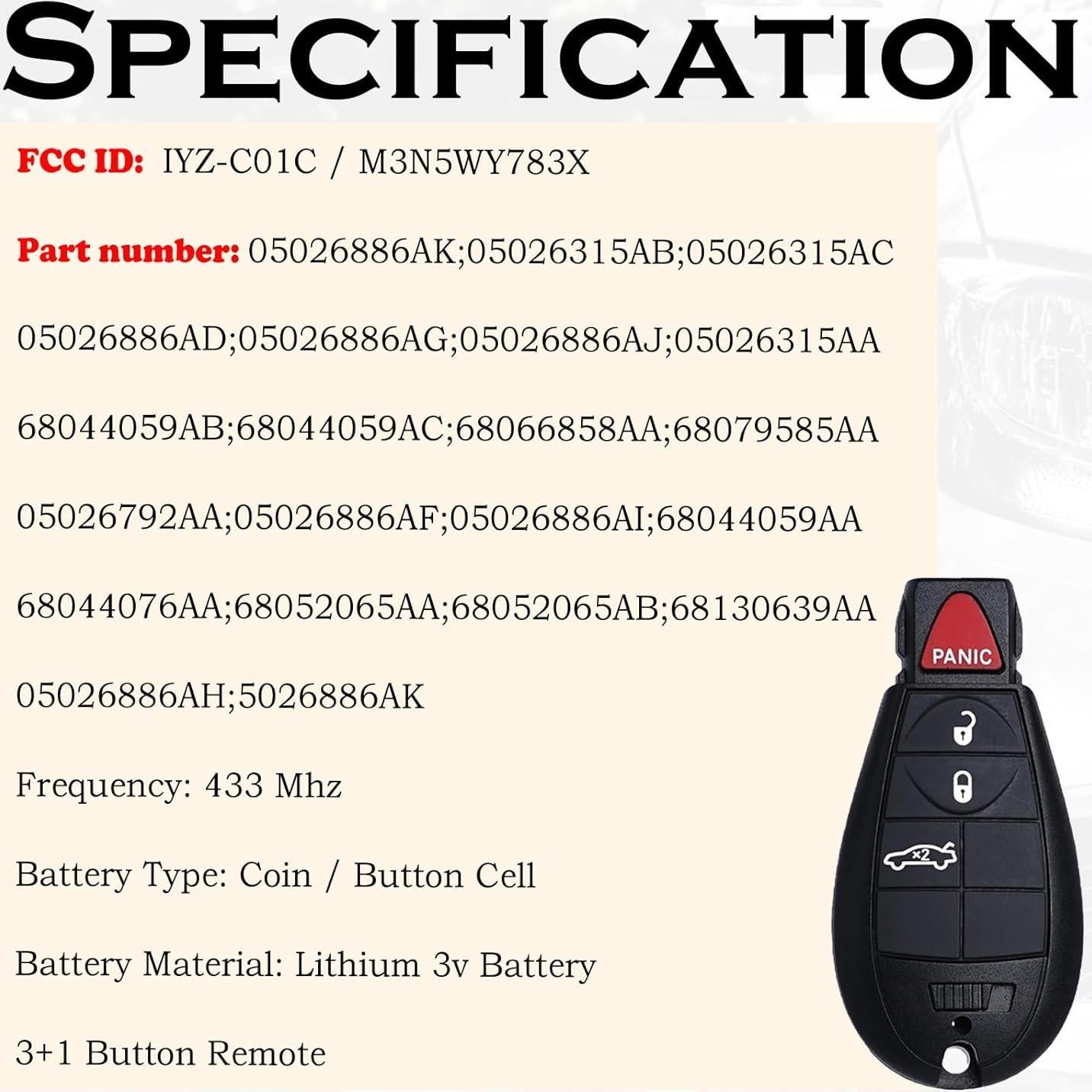 Control Remoto Sin Llave SUPALAND para Dodge y Chrysler