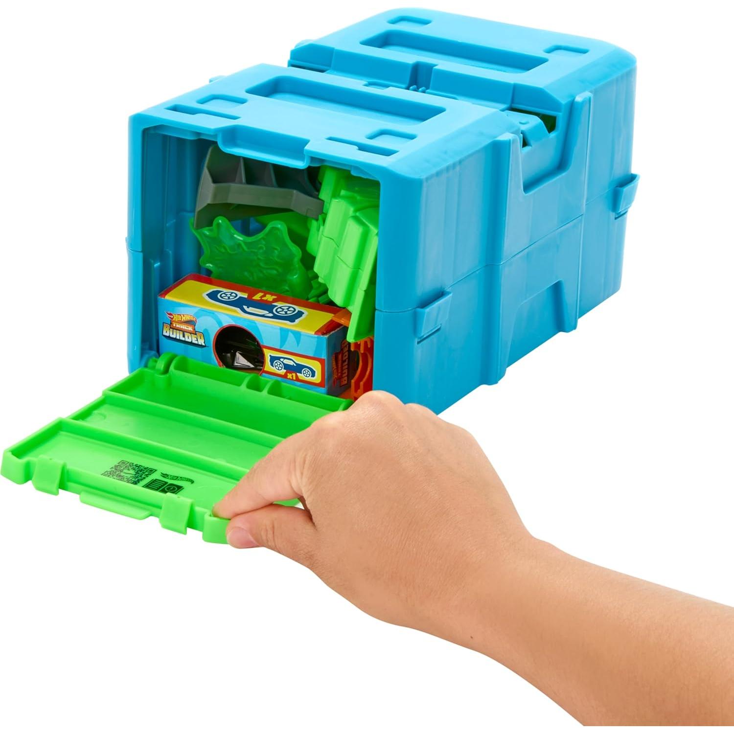 Hot Wheels Toy Car Track Set, Track Builder Toxic Super Jump Playset with 1:64 Scale Vehicle & 10 Component Parts in Modular Storage Box