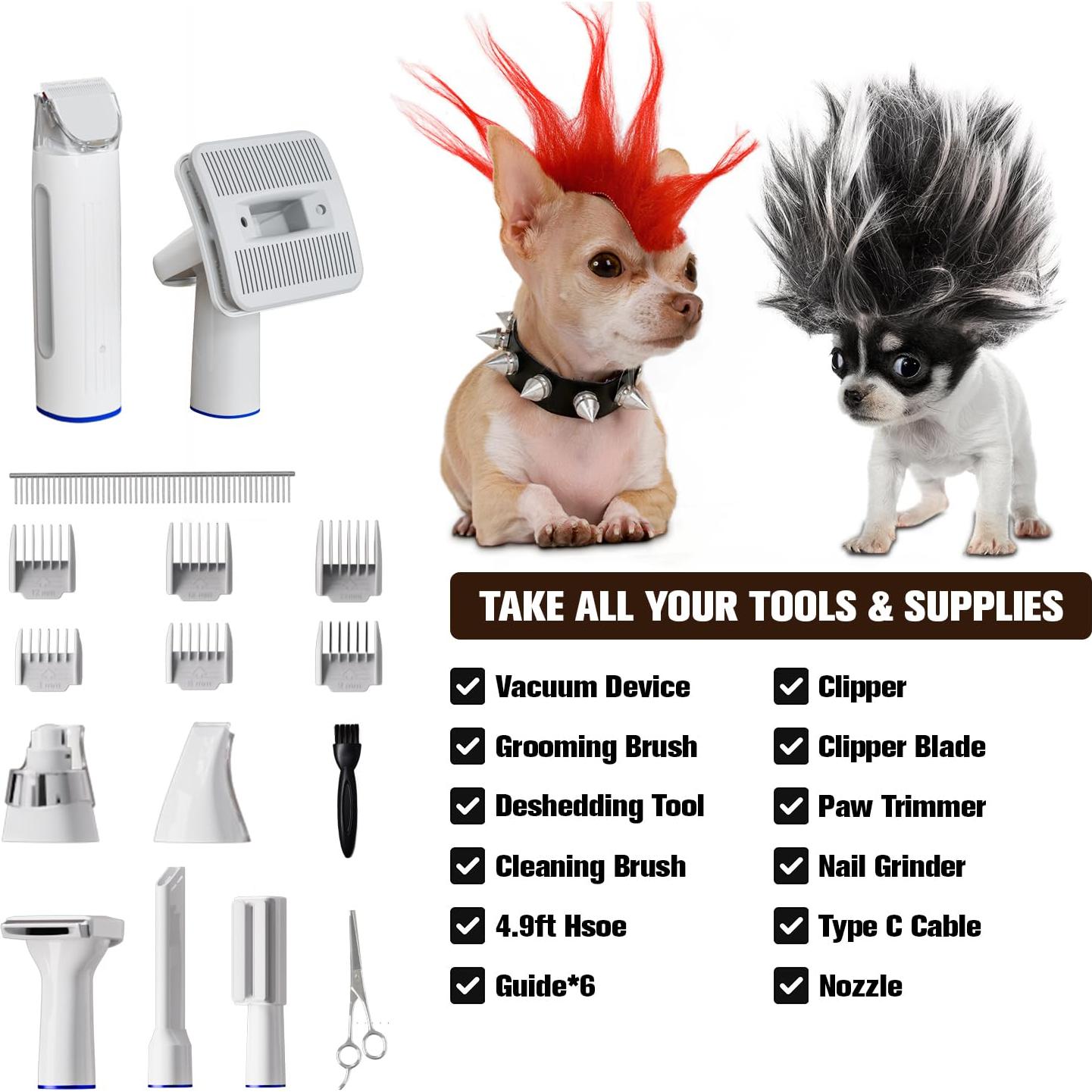 Dog Grooming Vacuum & Kit, 15 Pet Grooming Tools, Max 11 Kpa, 2 L Capacity, Pet Groomer for Dogs/Cats/Home