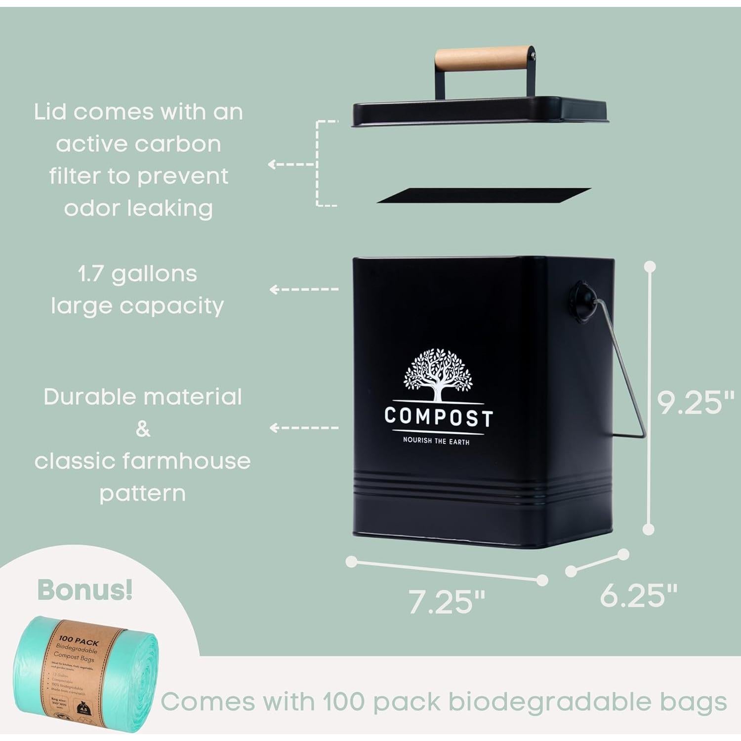 Cubo de Compostaje de Cocina PERFNIQUE 1.7 Galones Negro